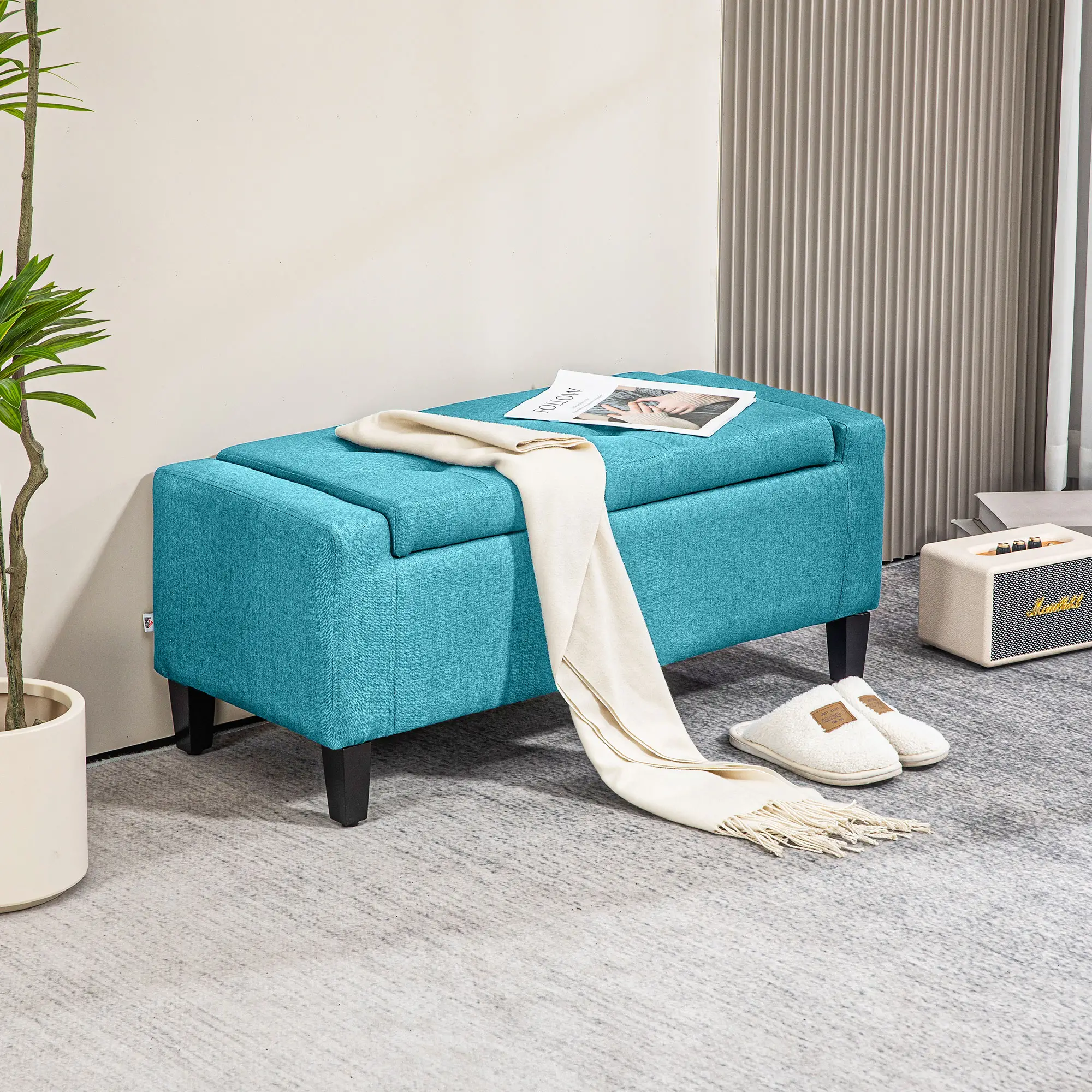 Linen Upholstered Storage Ottoman Bench, Tufted Design, Green - Image 8