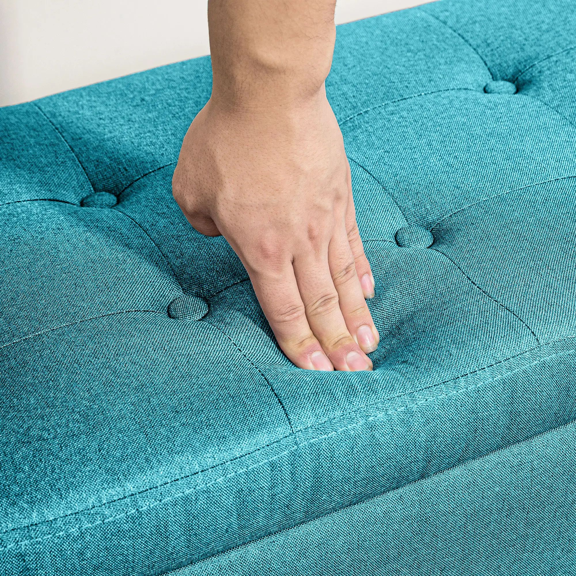 Linen Upholstered Storage Ottoman Bench, Tufted Design, Green - Image 9