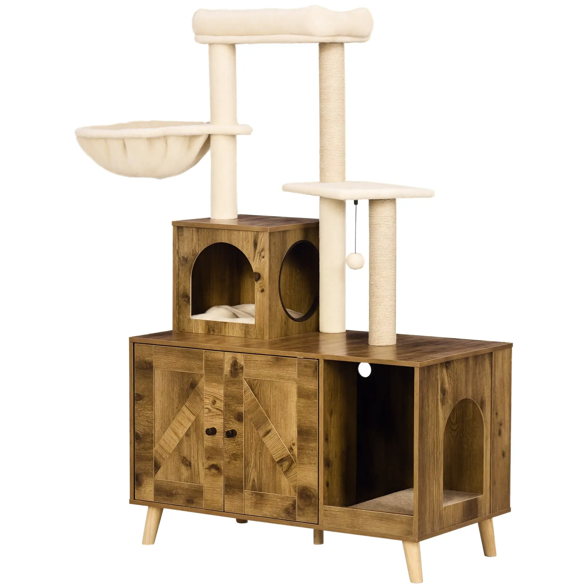 Litter Box Enclosure, Cat Tree Tower, Hidden Washroom Furniture, Rustic Brown