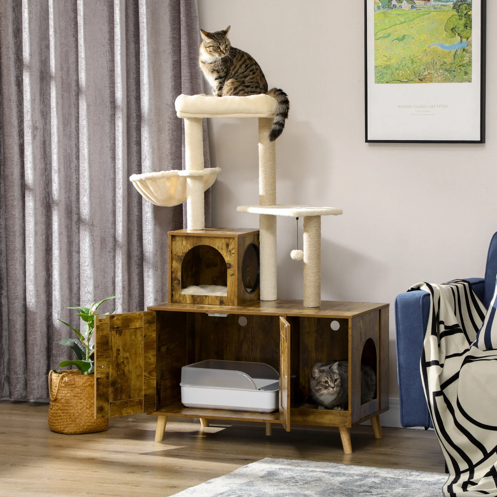 Litter Box Enclosure, Cat Tree Tower, Hidden Washroom Furniture, Rustic Brown - Image 2