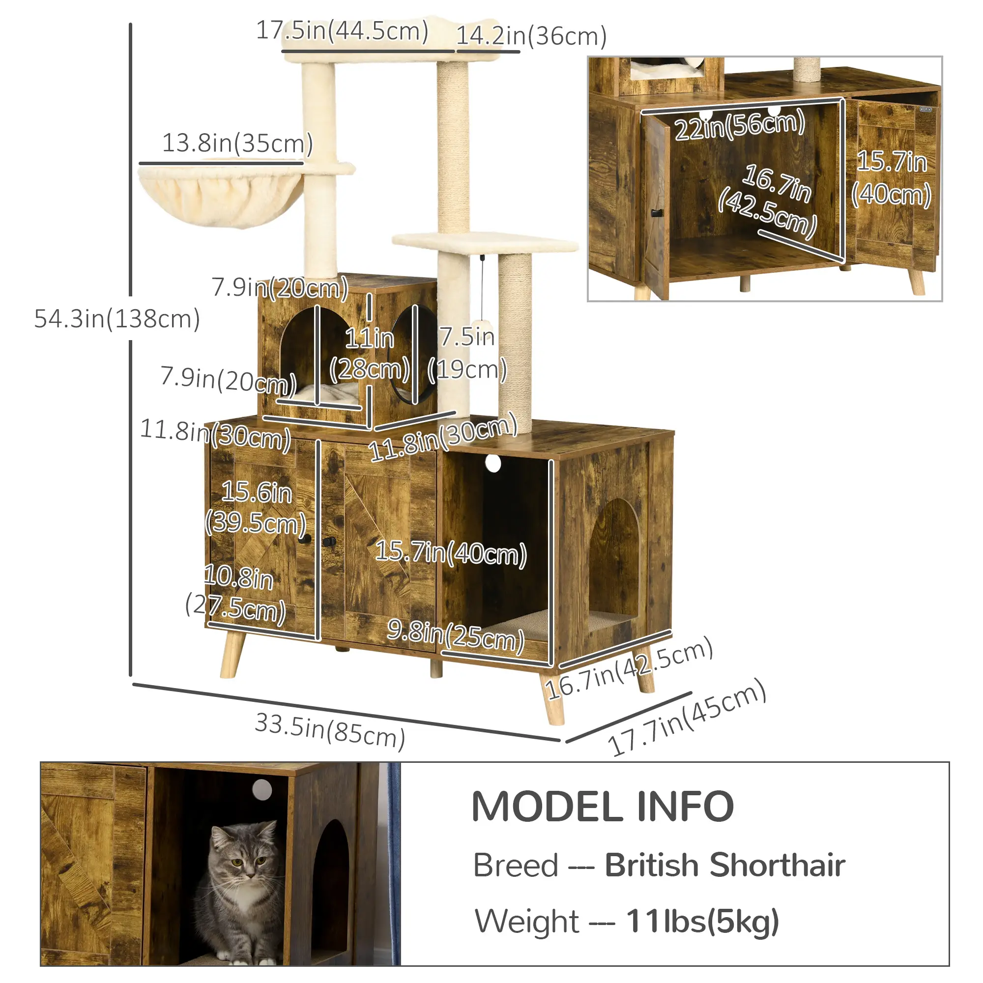 Litter Box Enclosure, Cat Tree Tower, Hidden Washroom Furniture, Rustic Brown - Image 3