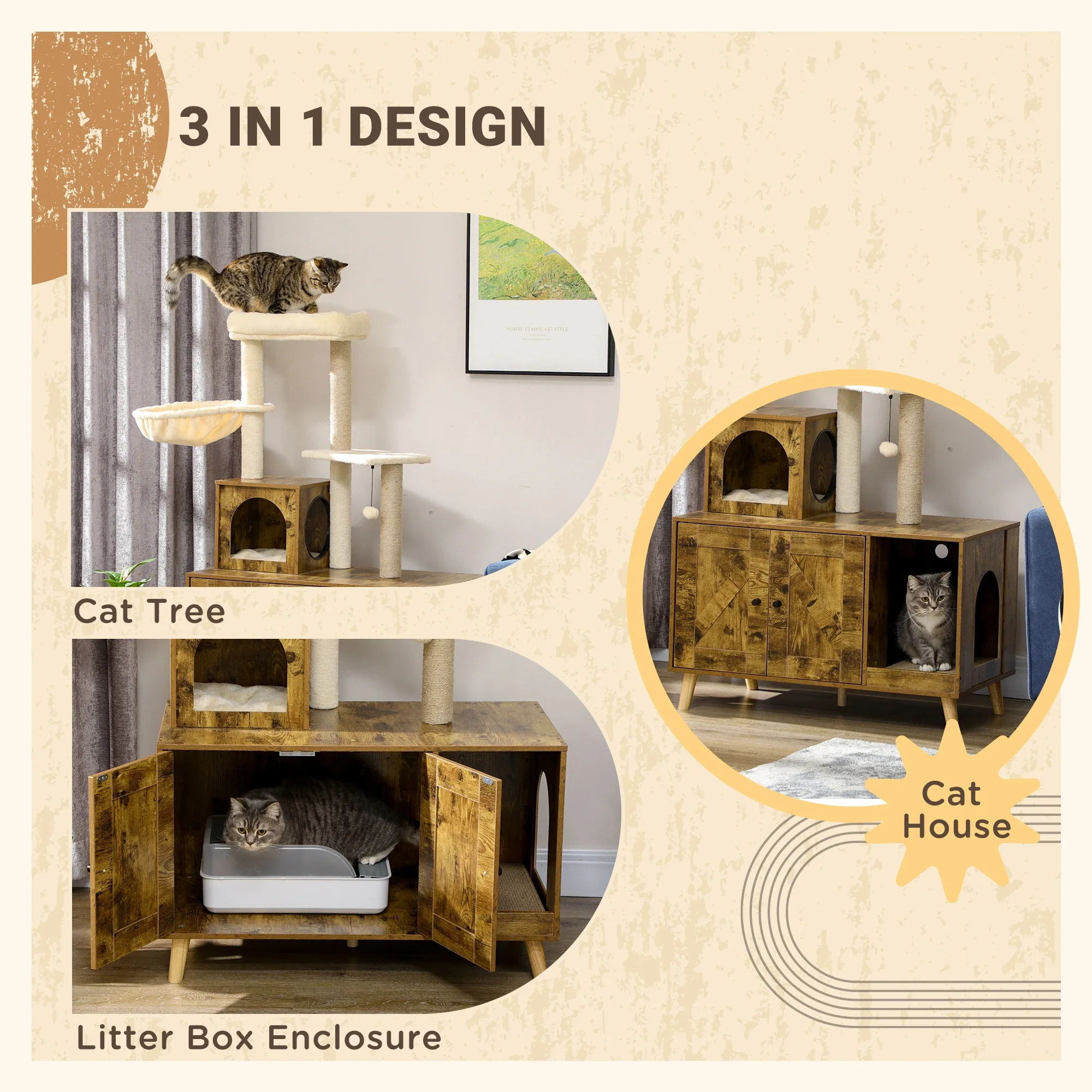 Litter Box Enclosure, Cat Tree Tower, Hidden Washroom Furniture, Rustic Brown - Image 4