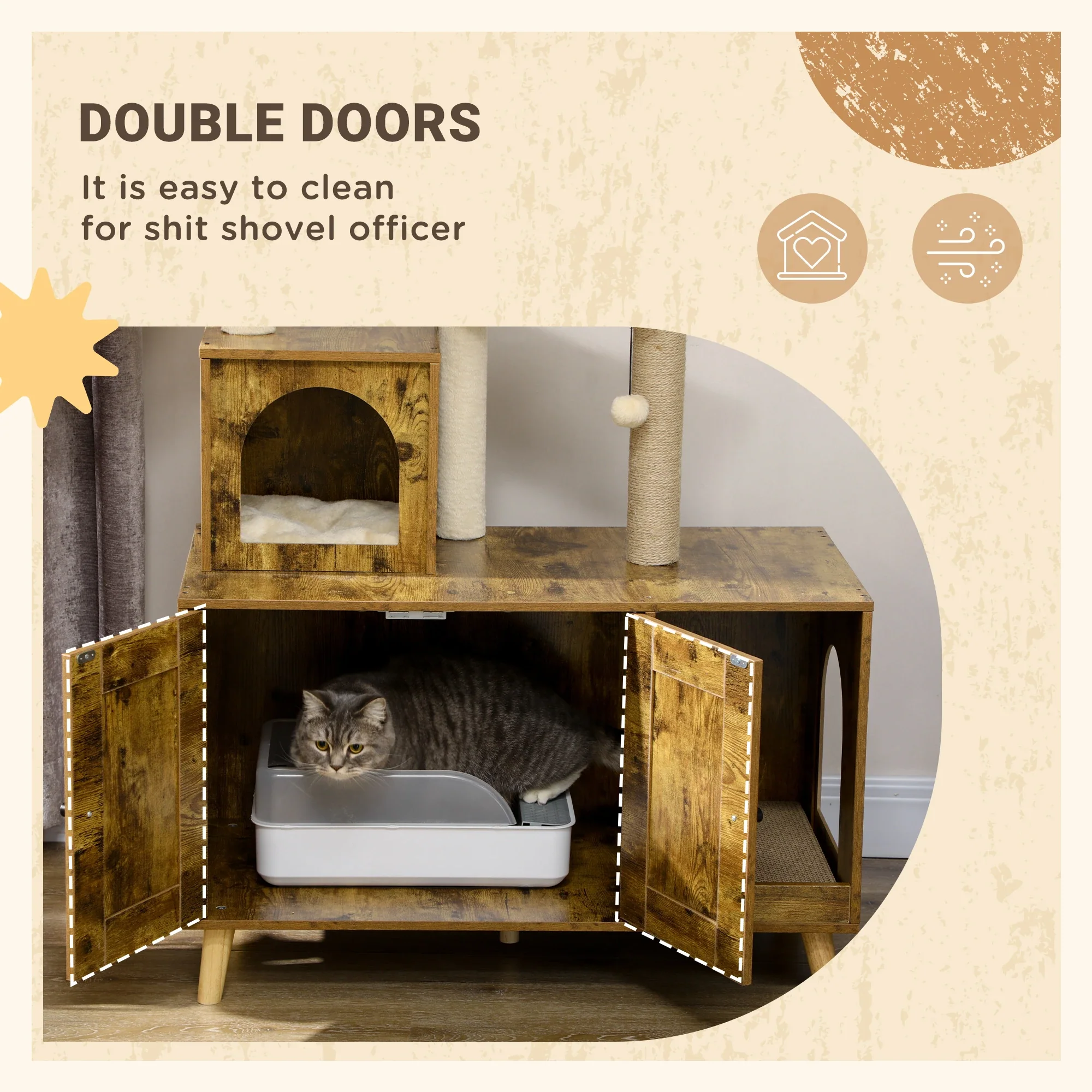 Litter Box Enclosure, Cat Tree Tower, Hidden Washroom Furniture, Rustic Brown - Image 6