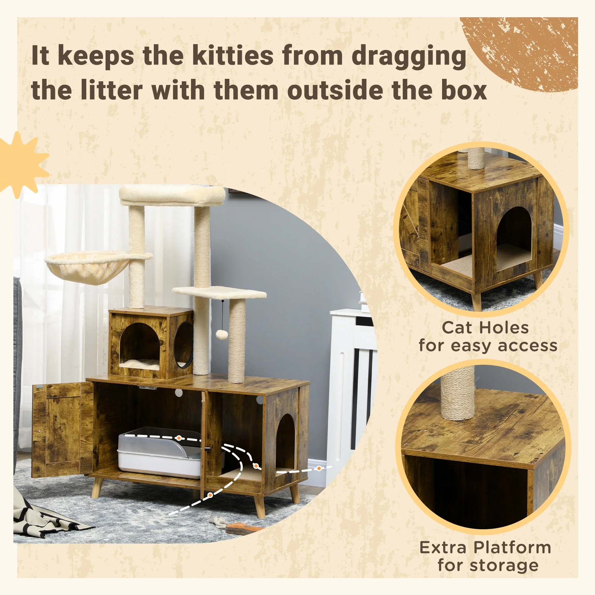 Litter Box Enclosure, Cat Tree Tower, Hidden Washroom Furniture, Rustic Brown - Image 7