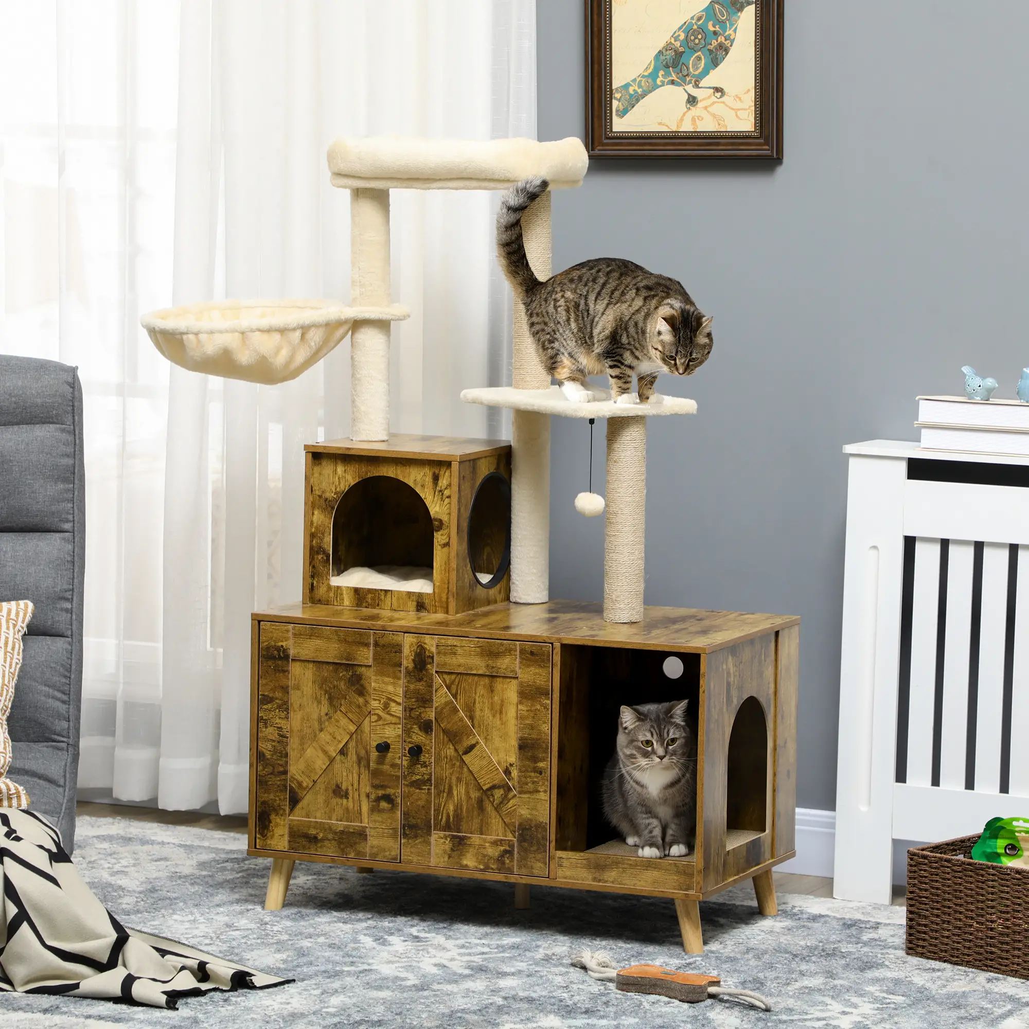 Litter Box Enclosure, Cat Tree Tower, Hidden Washroom Furniture, Rustic Brown - Image 8