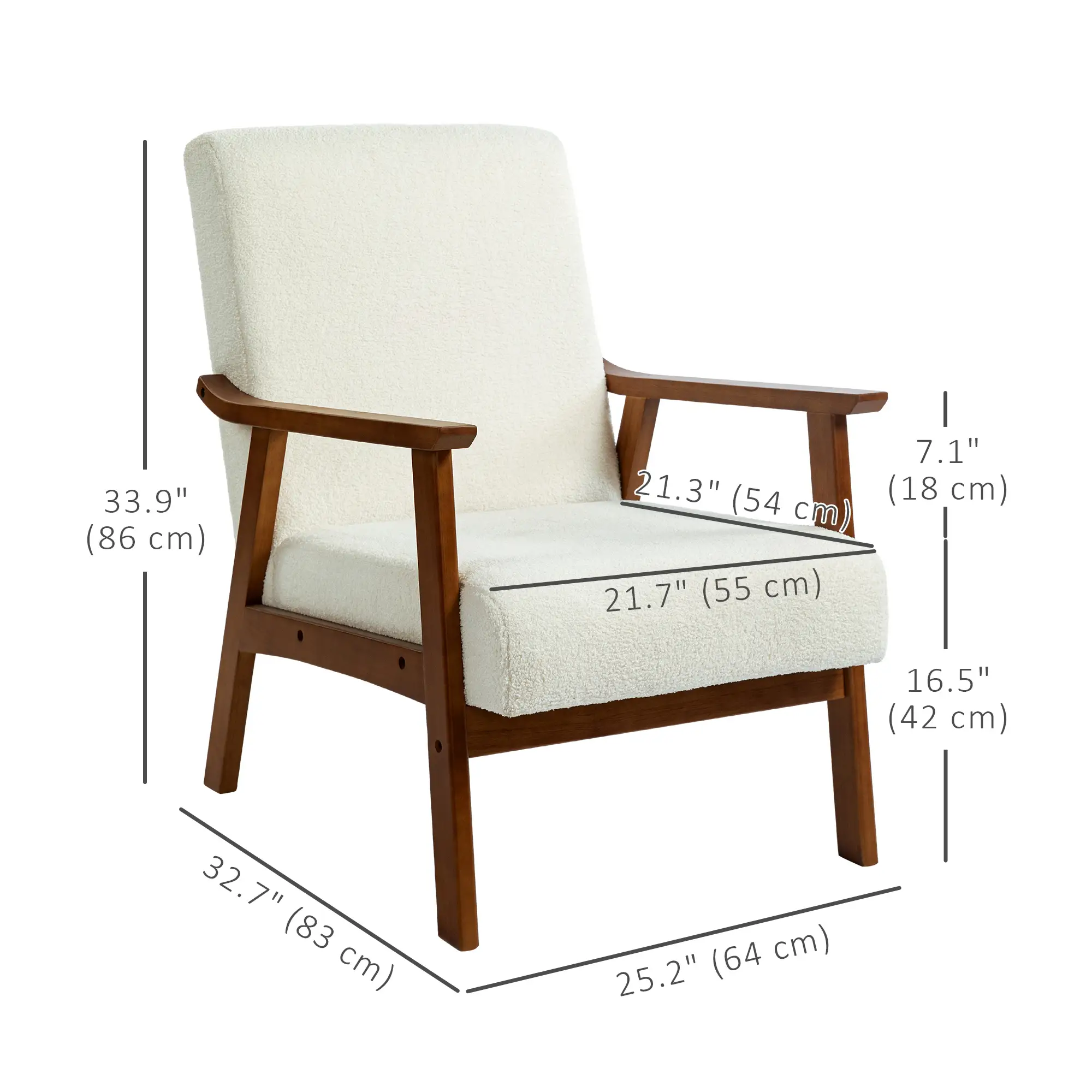Living Room Chair Boucle Accent Chair for Bedroom with Wide Seat and Thick Padding, White - Image 3