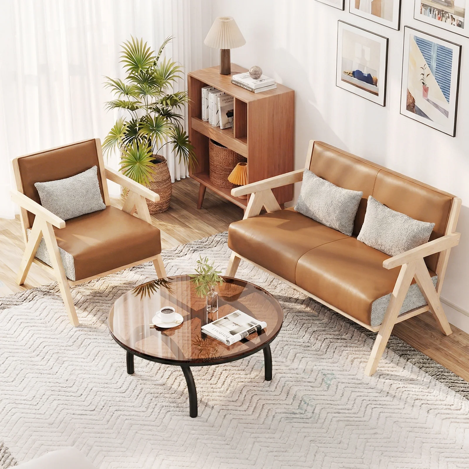 Living Room Furniture Set, Rubber Wood, Brown - Image 2