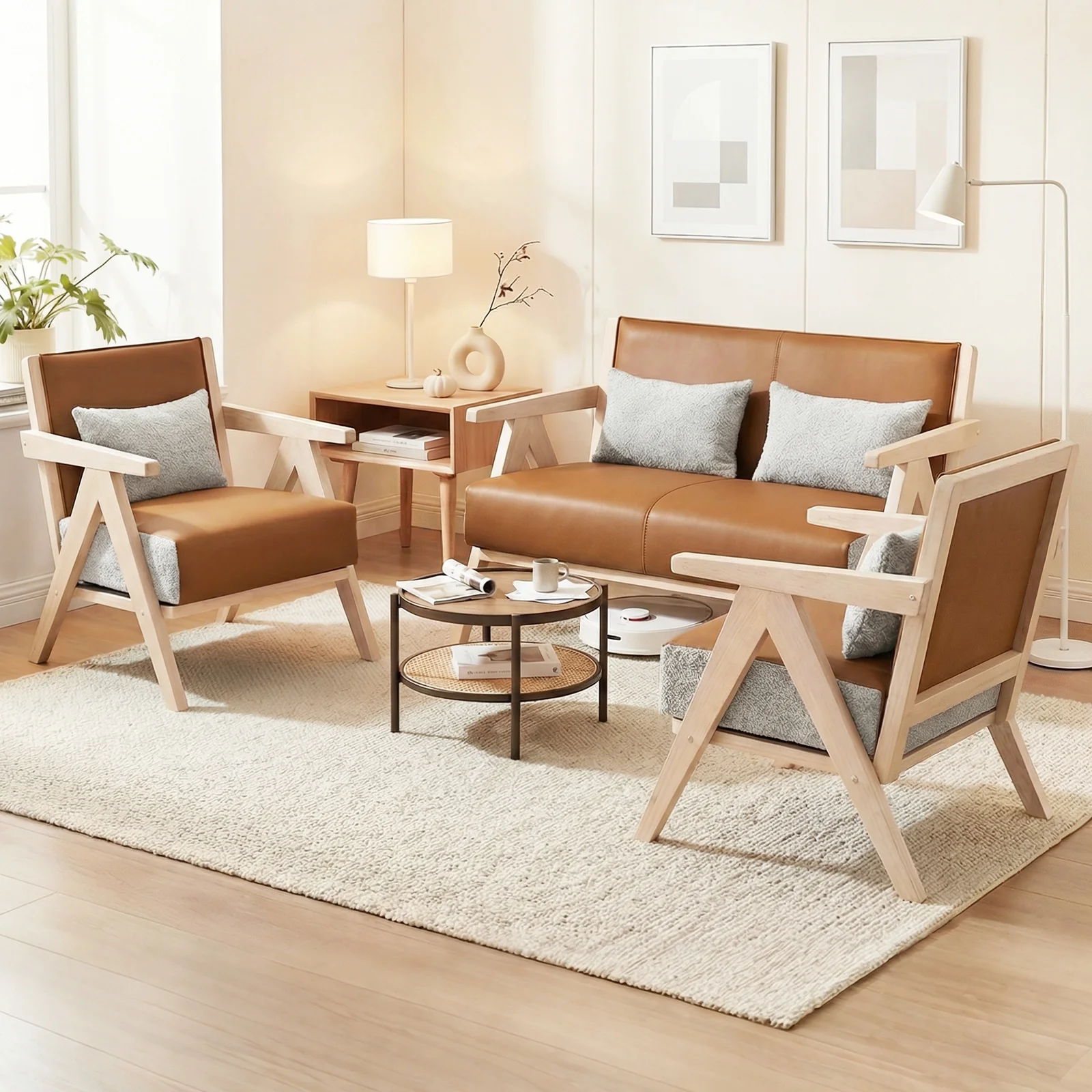 Living Room Furniture Set, Rubber Wood, Brown - Image 3