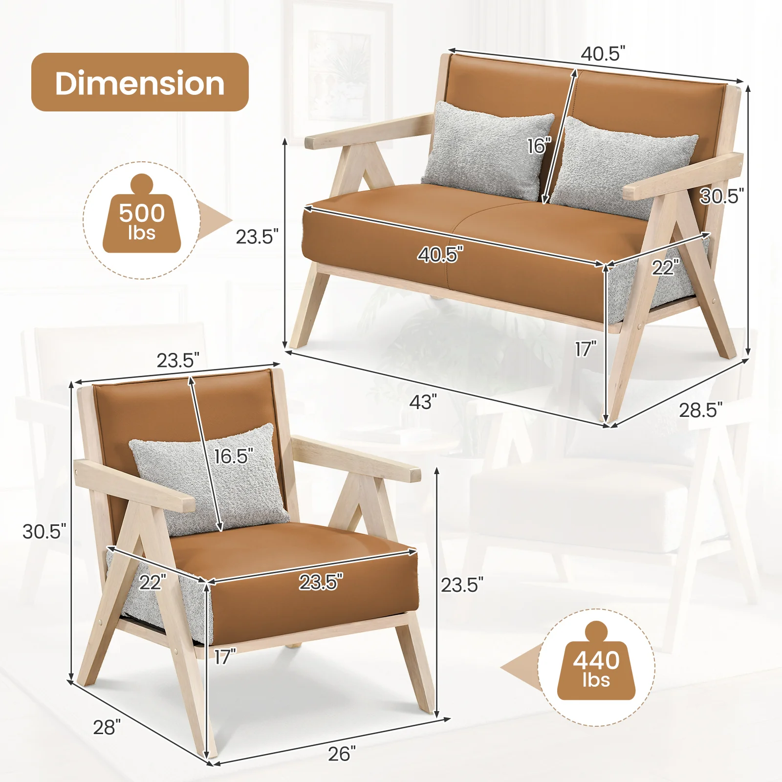 Living Room Furniture Set, Rubber Wood, Brown - Image 4