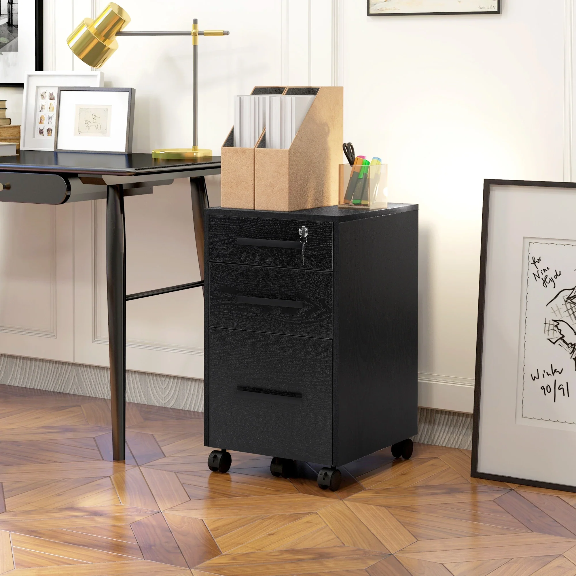 Lockable 3 Drawer Vertical File Cabinet, Hanging Bars, Letter and A4 Size, Black - Image 2