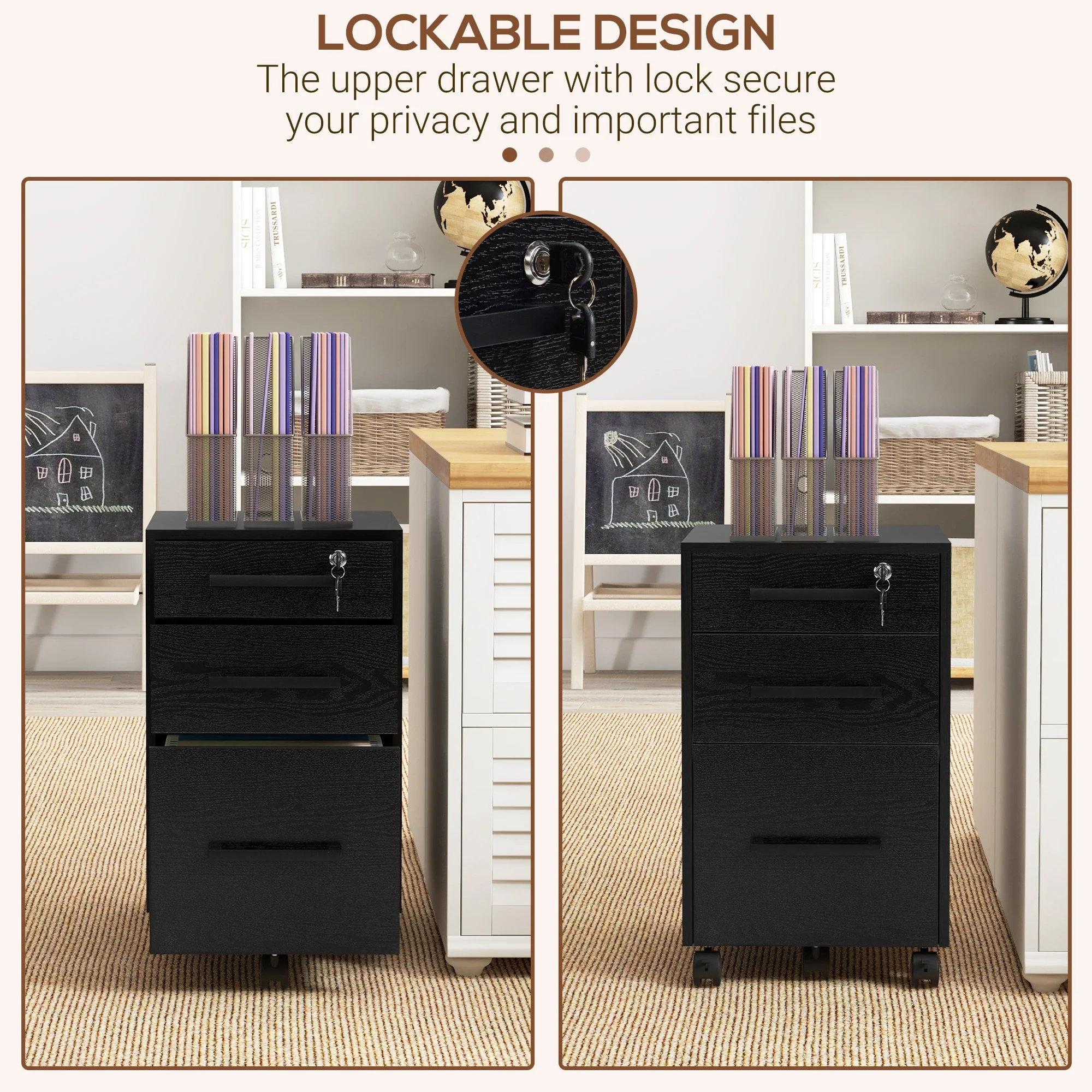 Lockable 3 Drawer Vertical File Cabinet, Hanging Bars, Letter and A4 Size, Black - Image 6