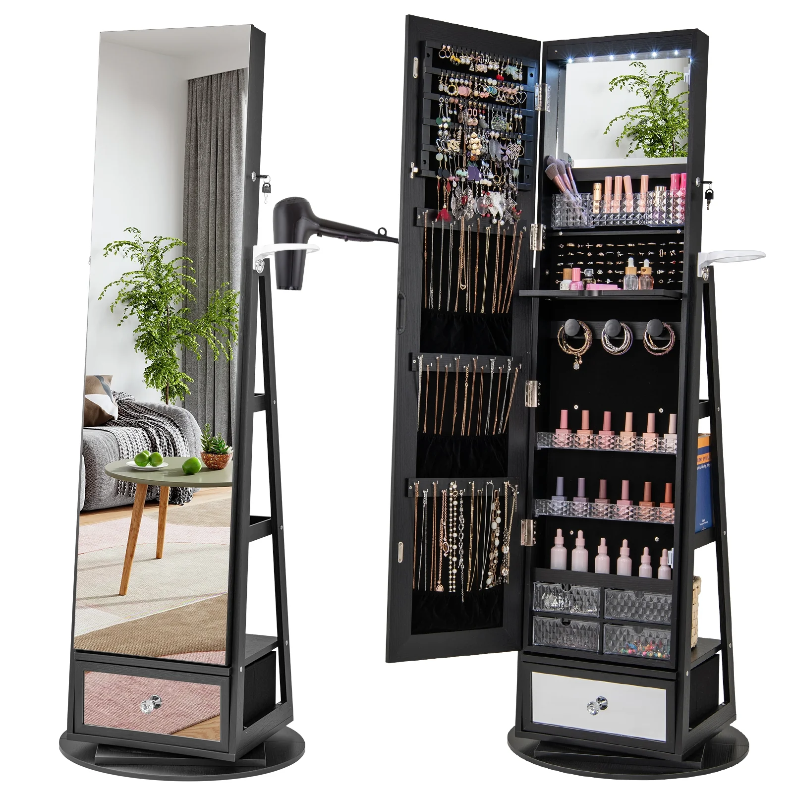 Lockable 360° Swivel Jewelry Cabinet, Full-Length Mirror LED Lights, Black - Image 4