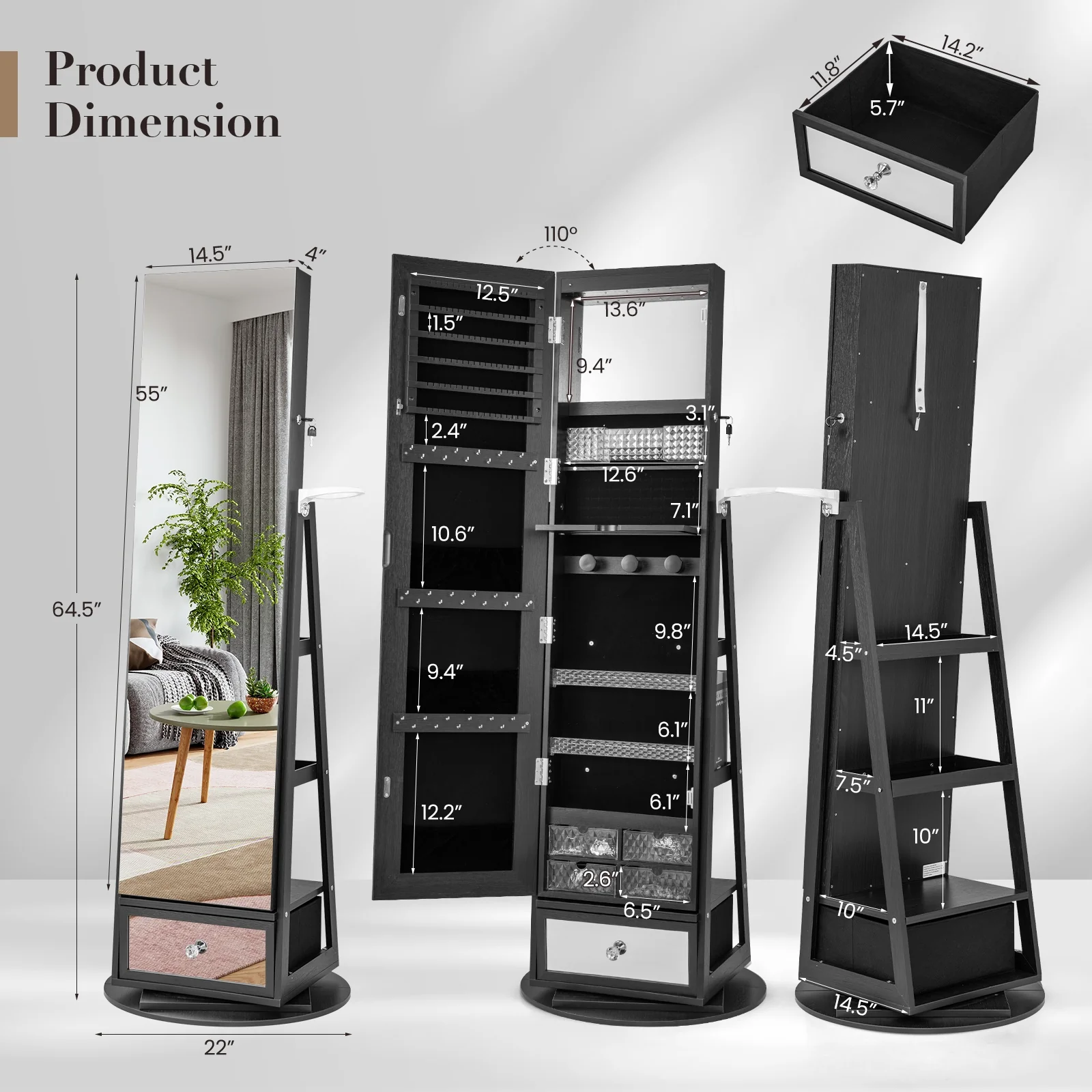 Lockable 360° Swivel Jewelry Cabinet, Full-Length Mirror LED Lights, Black - Image 5