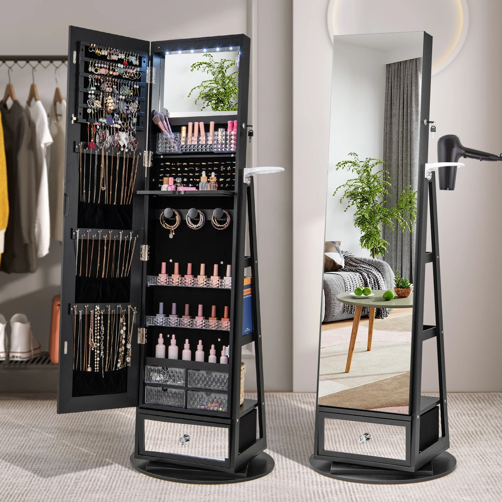 Lockable 360° Swivel Jewelry Cabinet, Full-Length Mirror LED Lights, Black - Image 6