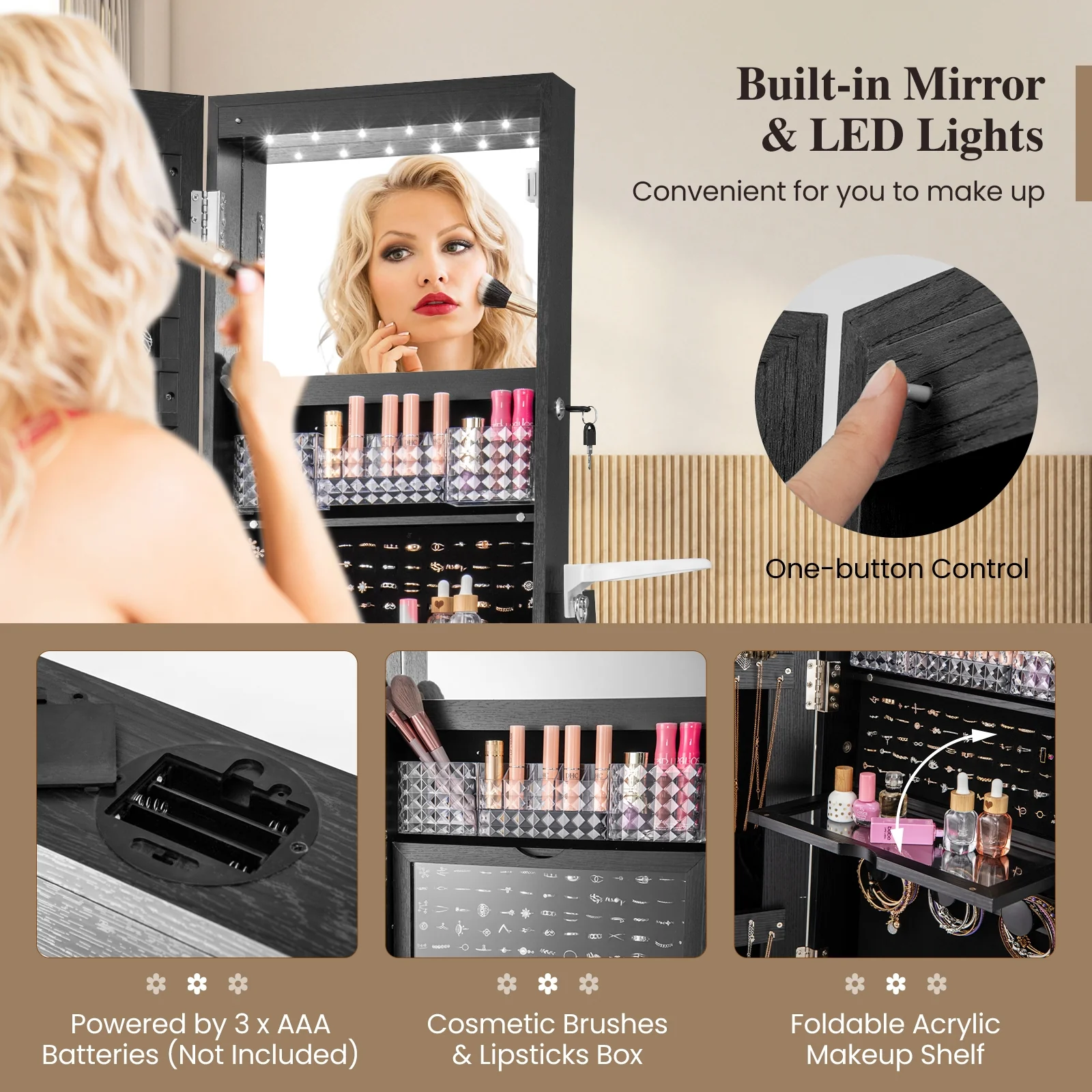 Lockable 360° Swivel Jewelry Cabinet, Full-Length Mirror LED Lights, Black - Image 8