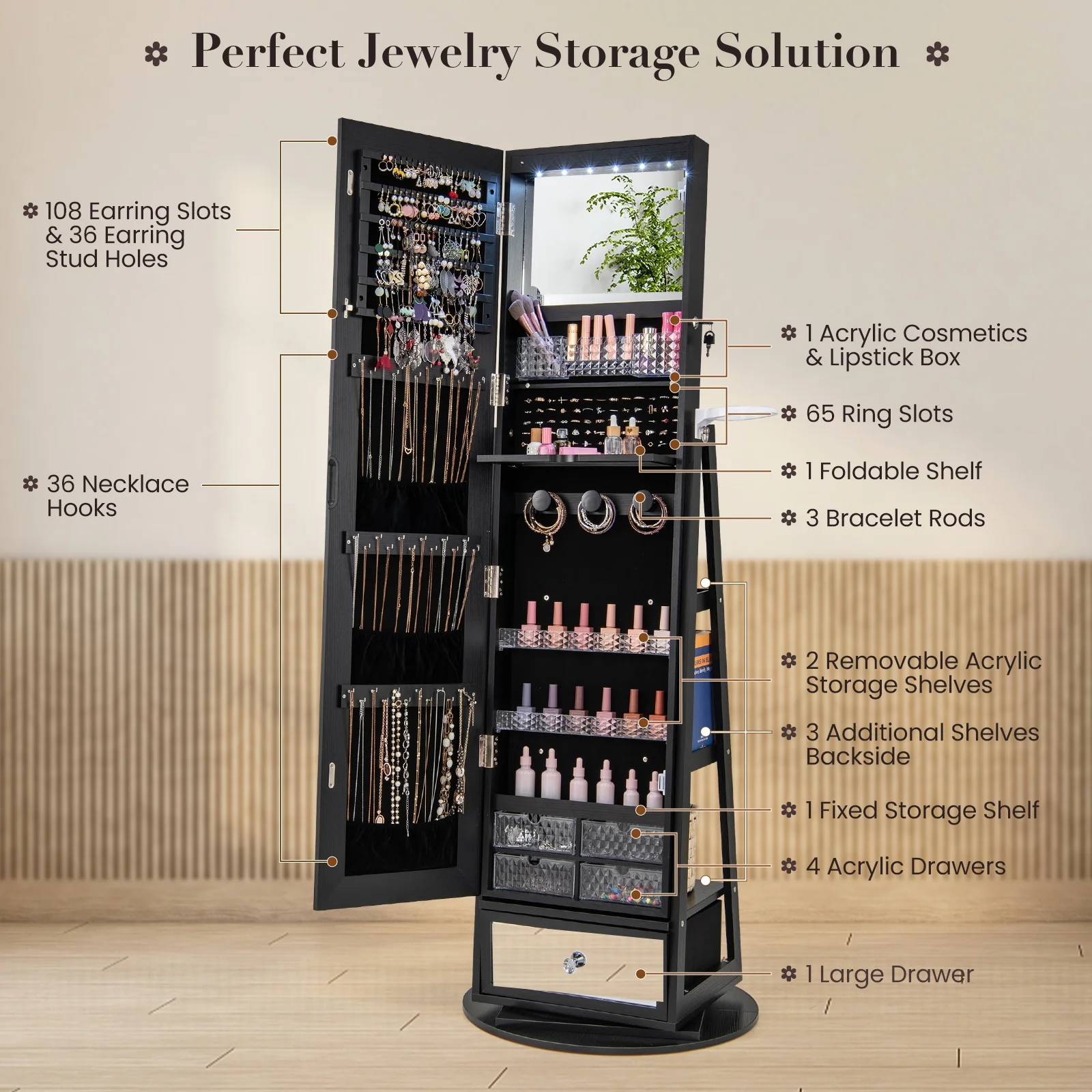 Lockable 360° Swivel Jewelry Cabinet, Full-Length Mirror LED Lights, Black - Image 9