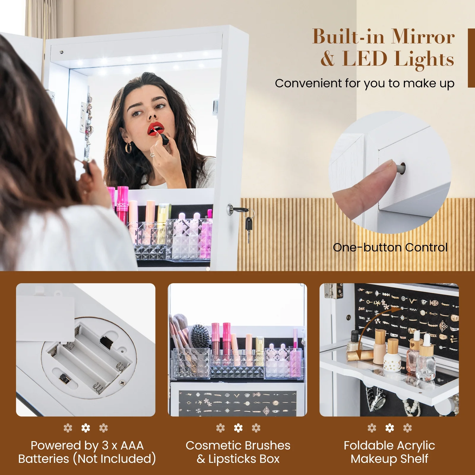 Lockable 360° Swivel Jewelry Cabinet, Full-Length Mirror LED Lights, White - Image 10