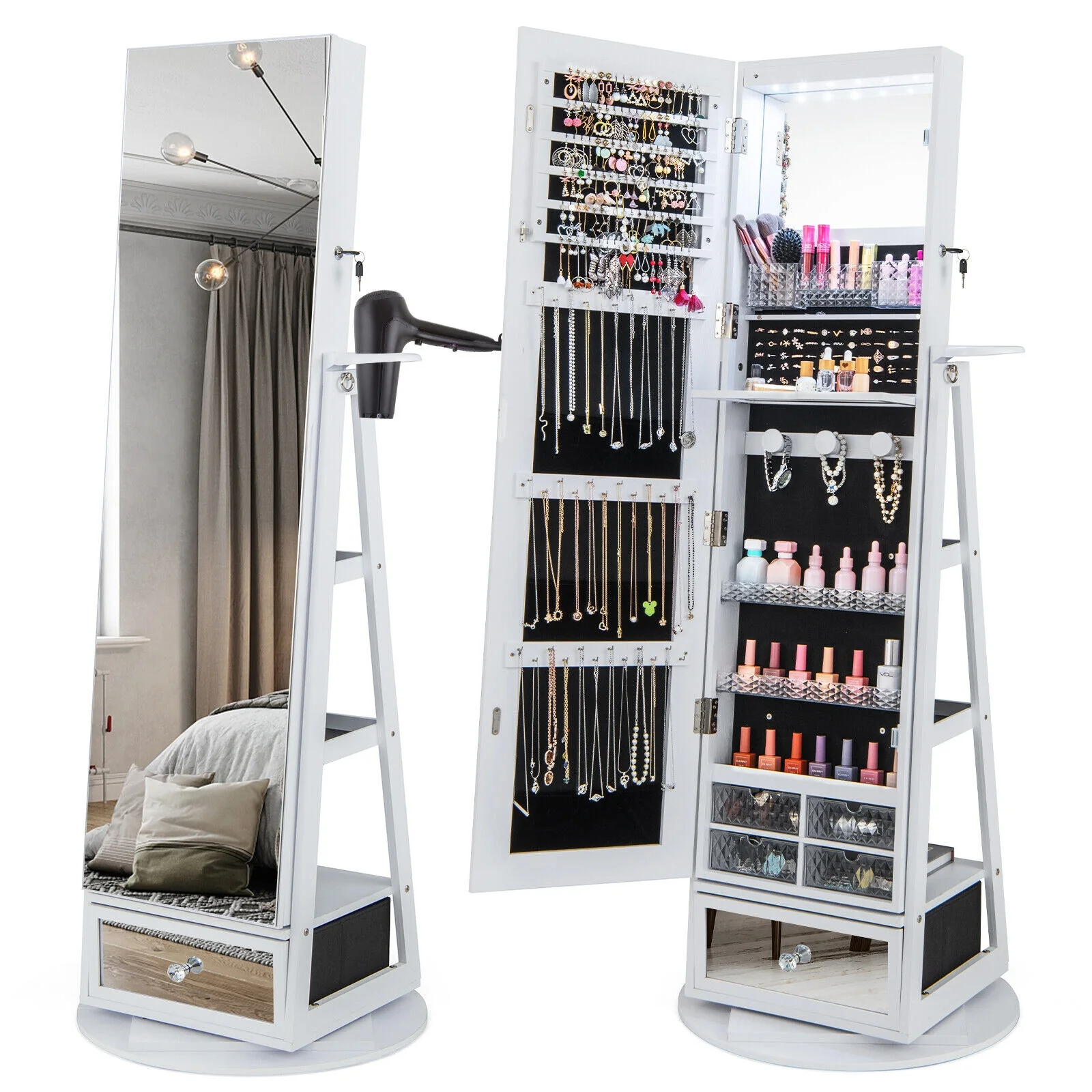 Lockable 360° Swivel Jewelry Cabinet, Full-Length Mirror LED Lights, White - Image 4