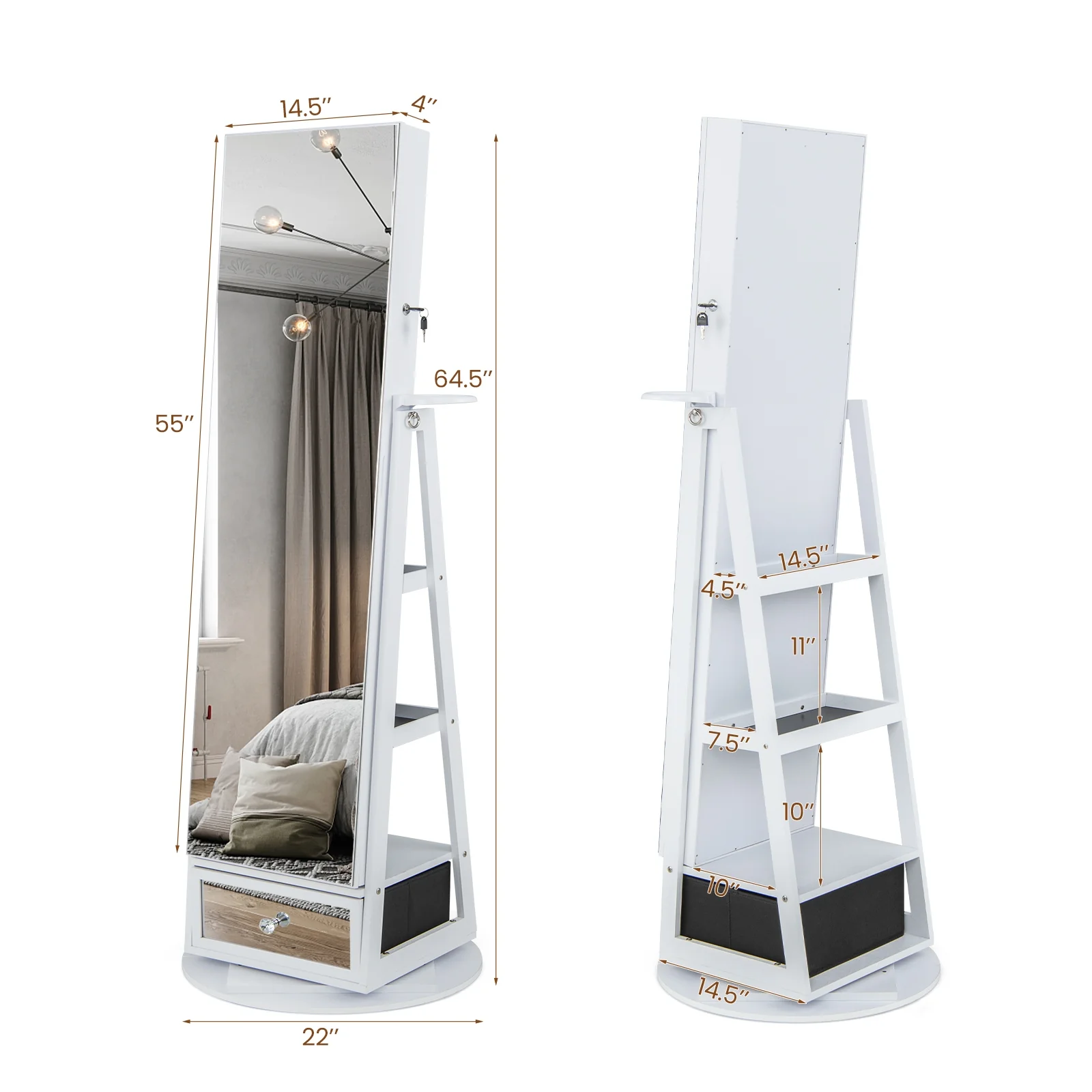 Lockable 360° Swivel Jewelry Cabinet, Full-Length Mirror LED Lights, White - Image 5