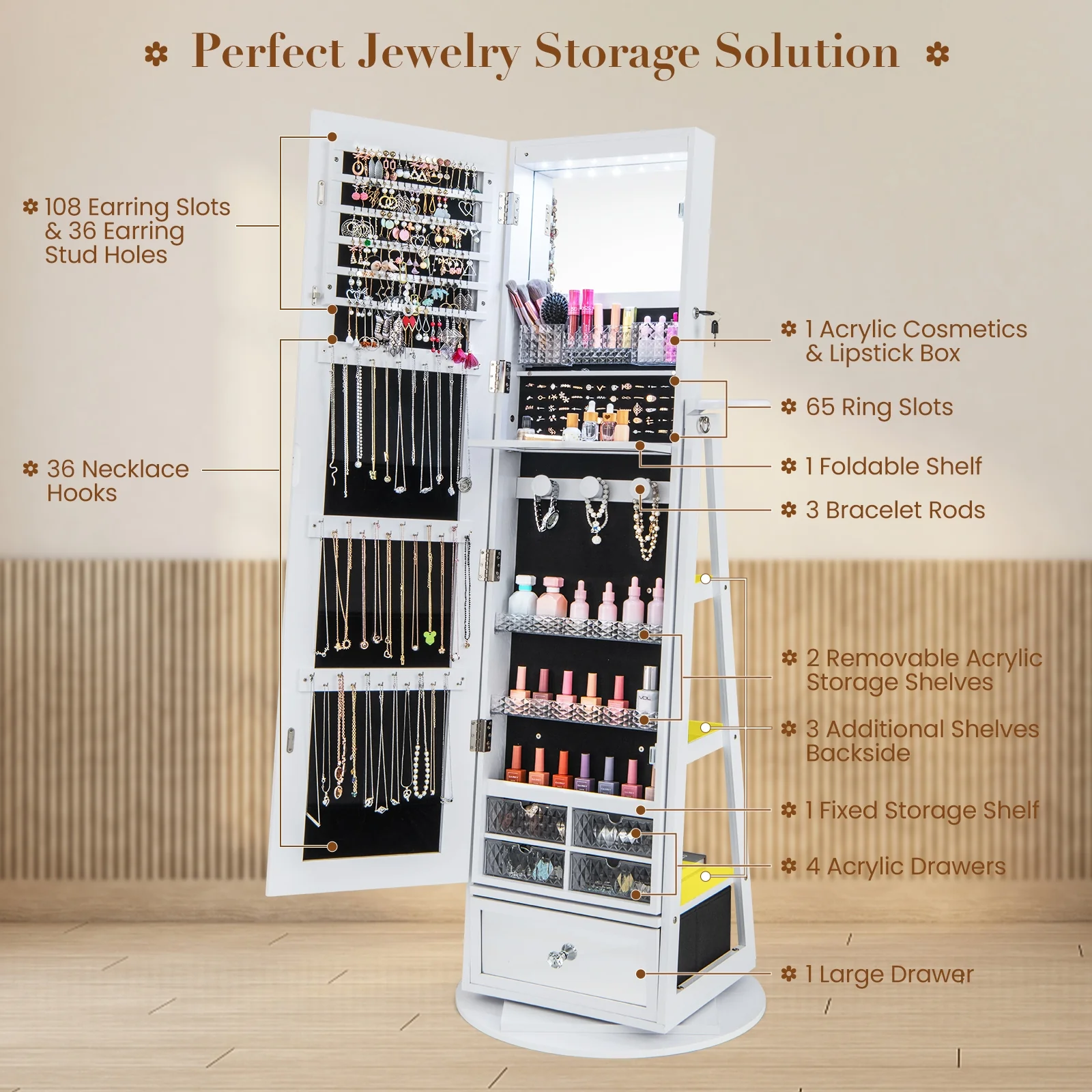 Lockable 360° Swivel Jewelry Cabinet, Full-Length Mirror LED Lights, White - Image 8