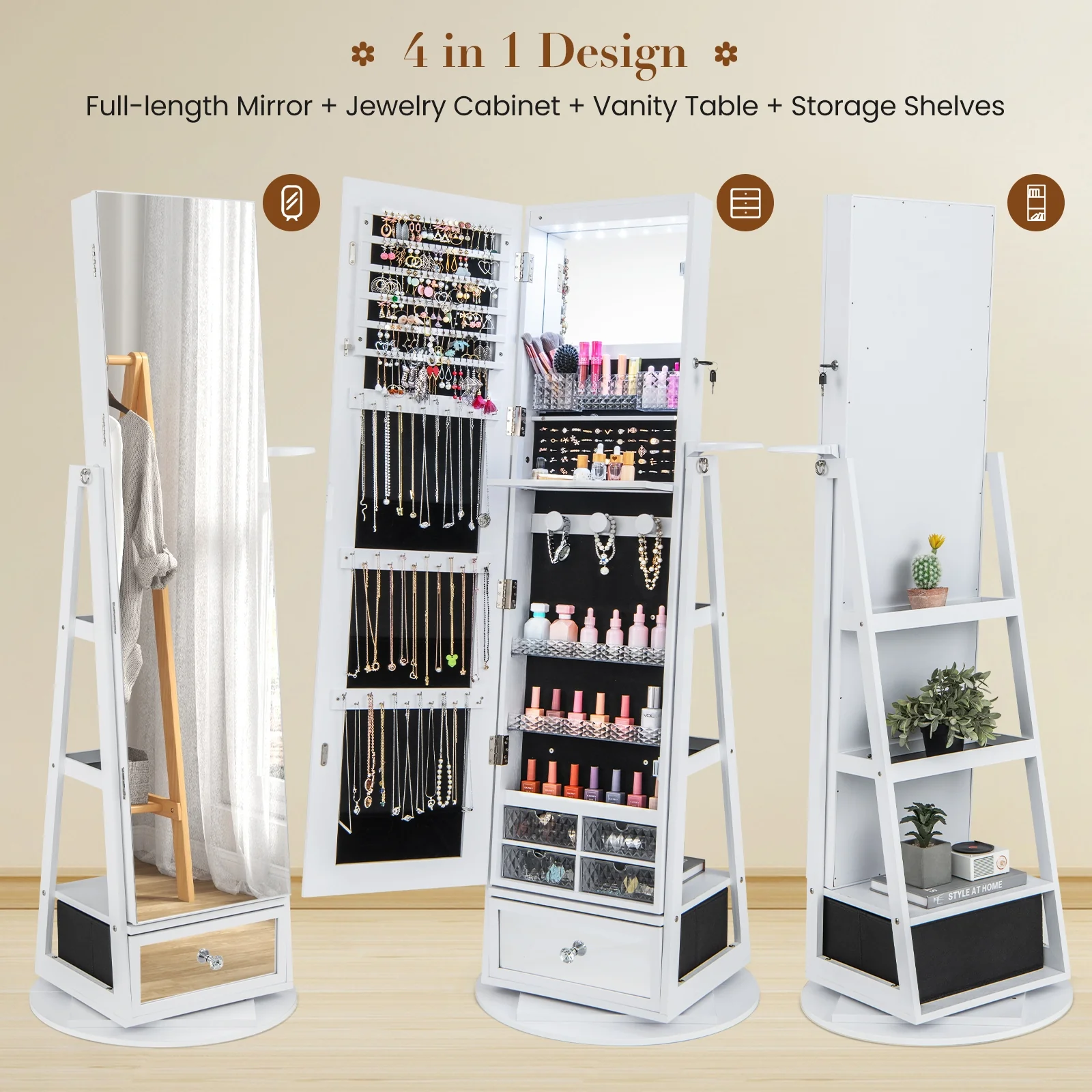 Lockable 360° Swivel Jewelry Cabinet, Full-Length Mirror LED Lights, White - Image 9