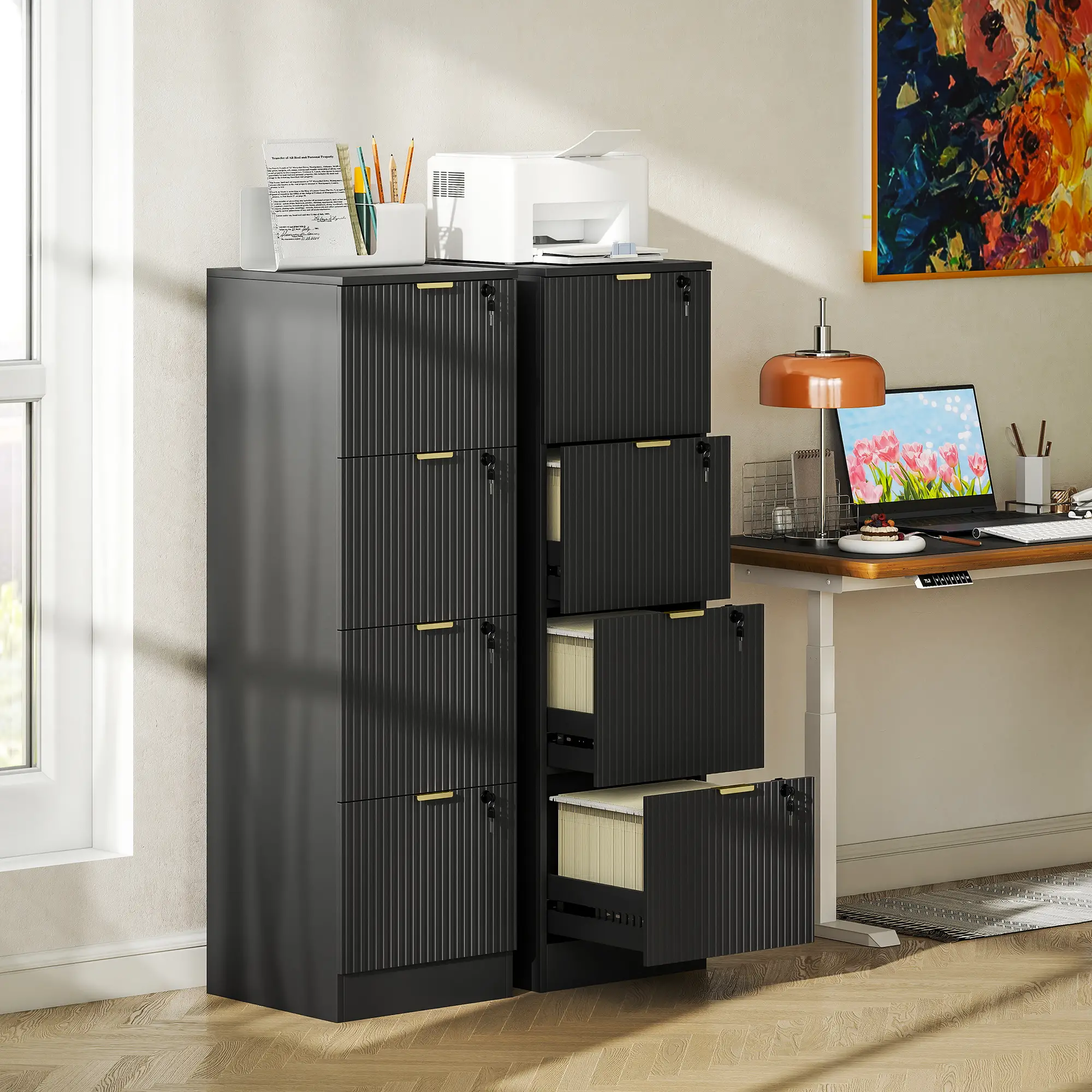Lockable 4 Drawer Filing Cabinet, Adjustable Hanging Rails, Black - Image 10