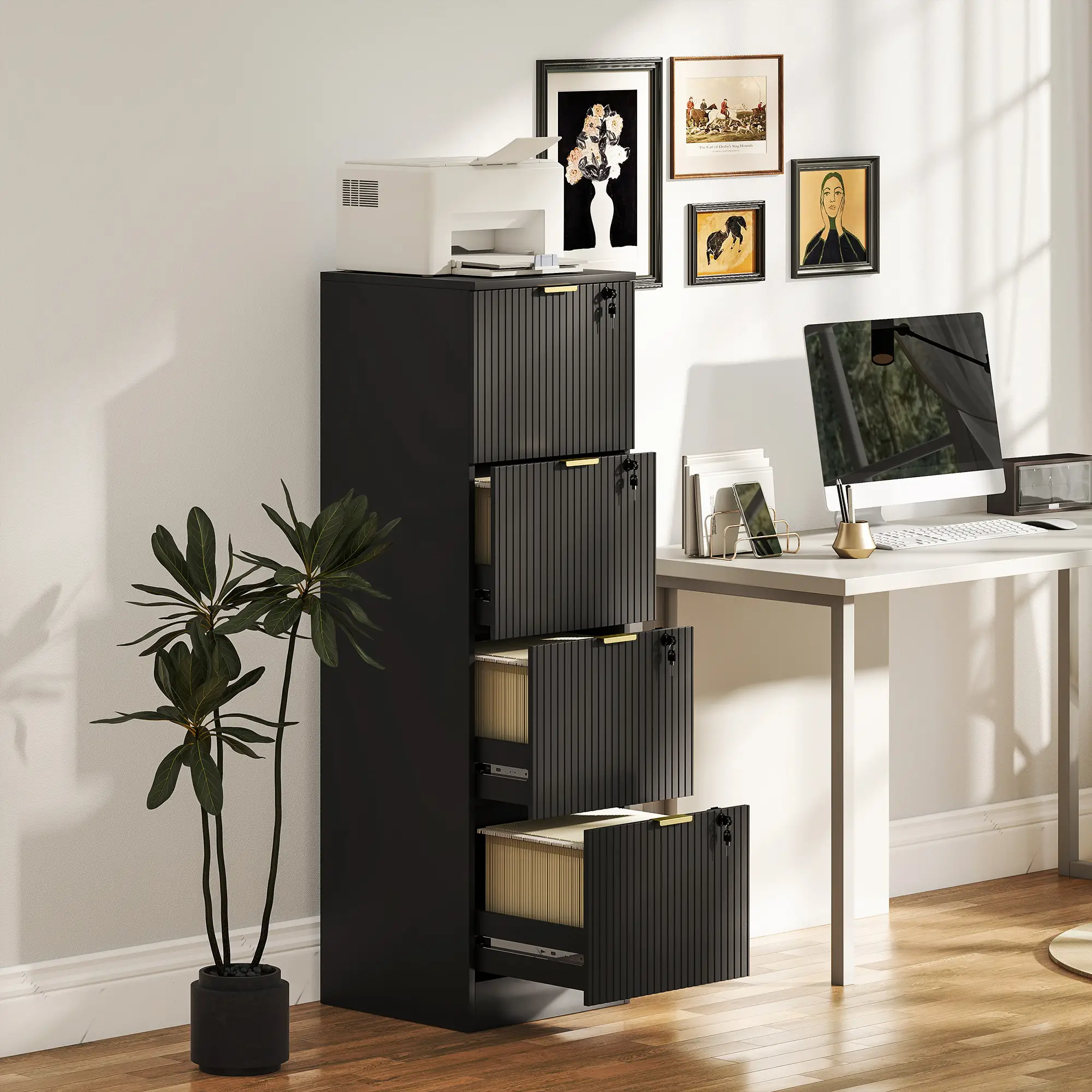 Lockable 4 Drawer Filing Cabinet, Adjustable Hanging Rails, Black - Image 2