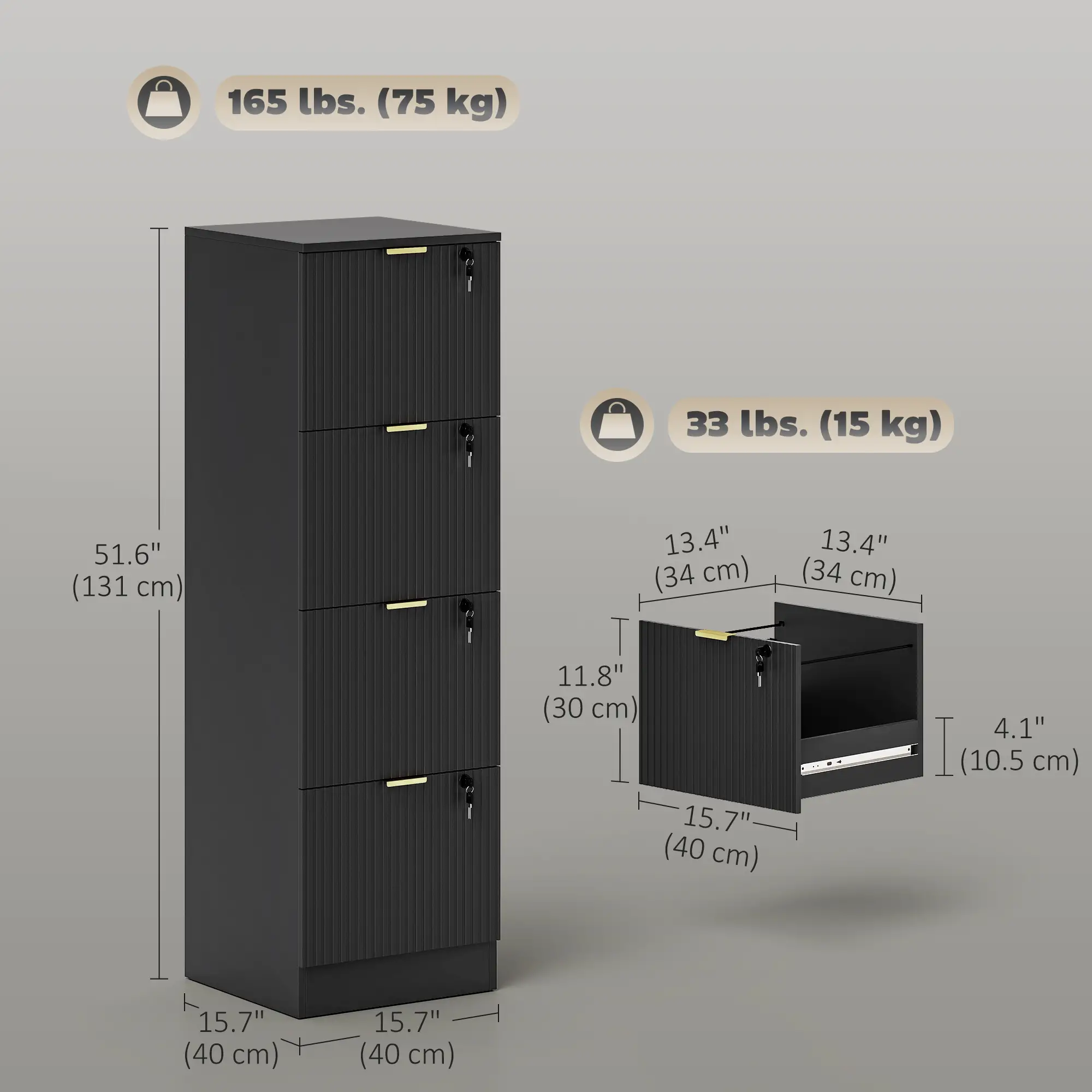 Lockable 4 Drawer Filing Cabinet, Adjustable Hanging Rails, Black - Image 3