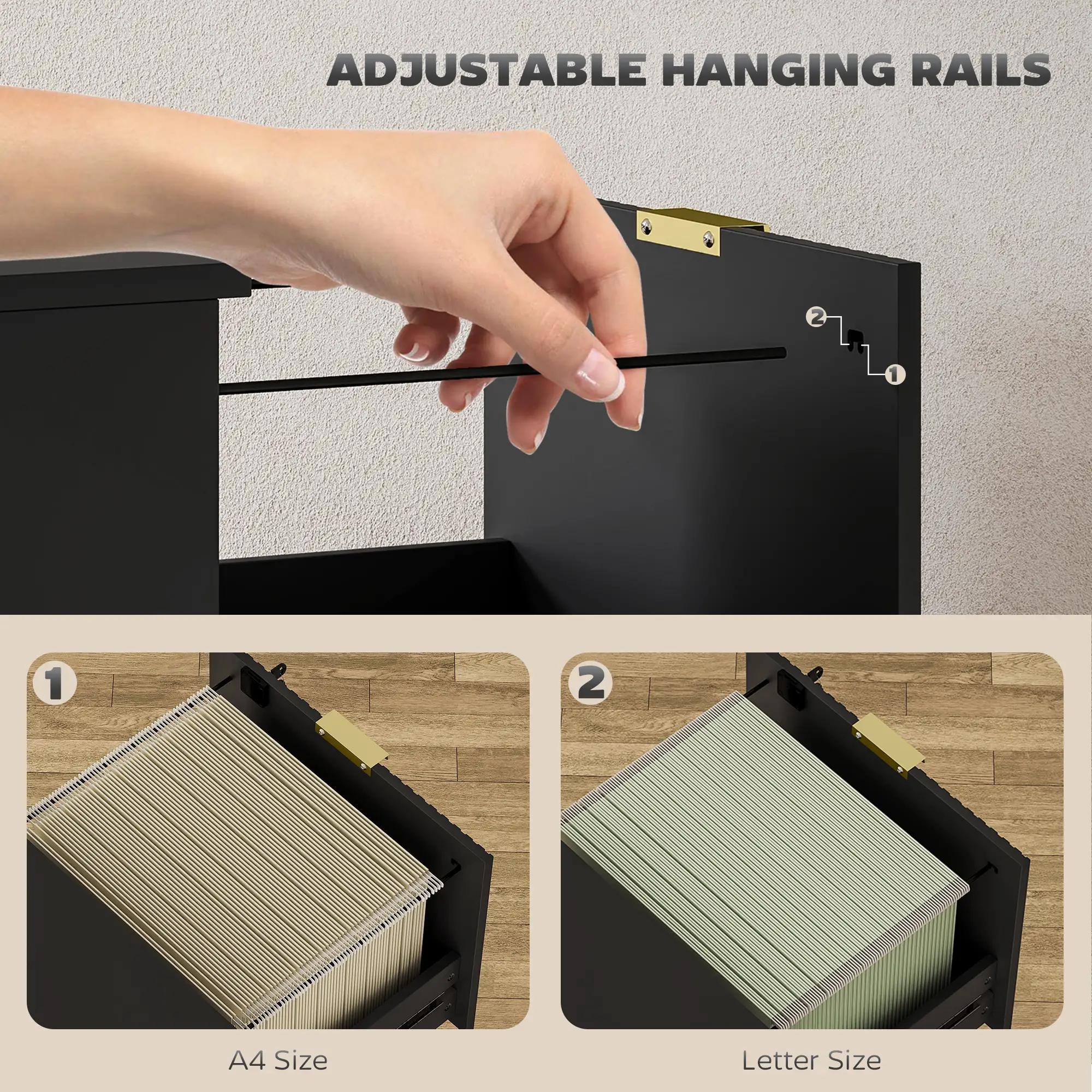 Lockable 4 Drawer Filing Cabinet, Adjustable Hanging Rails, Black - Image 4