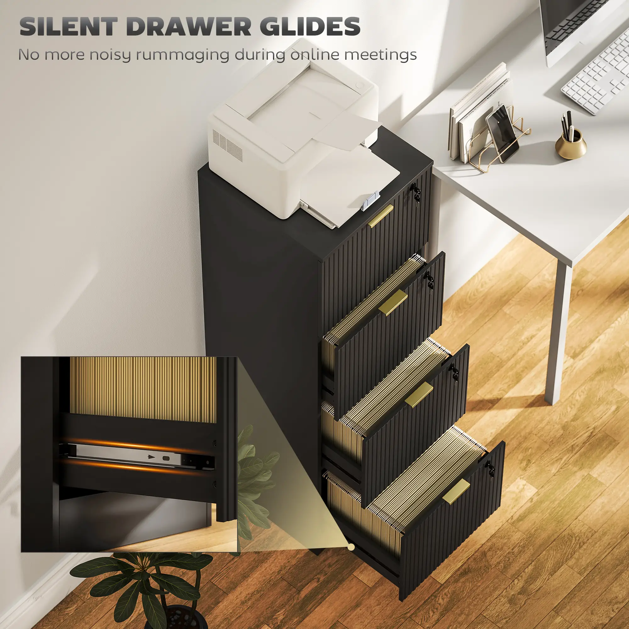 Lockable 4 Drawer Filing Cabinet, Adjustable Hanging Rails, Black - Image 5