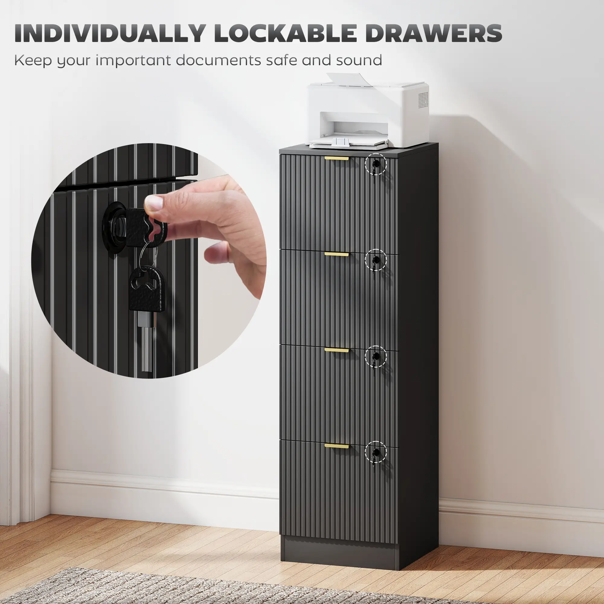 Lockable 4 Drawer Filing Cabinet, Adjustable Hanging Rails, Black - Image 6