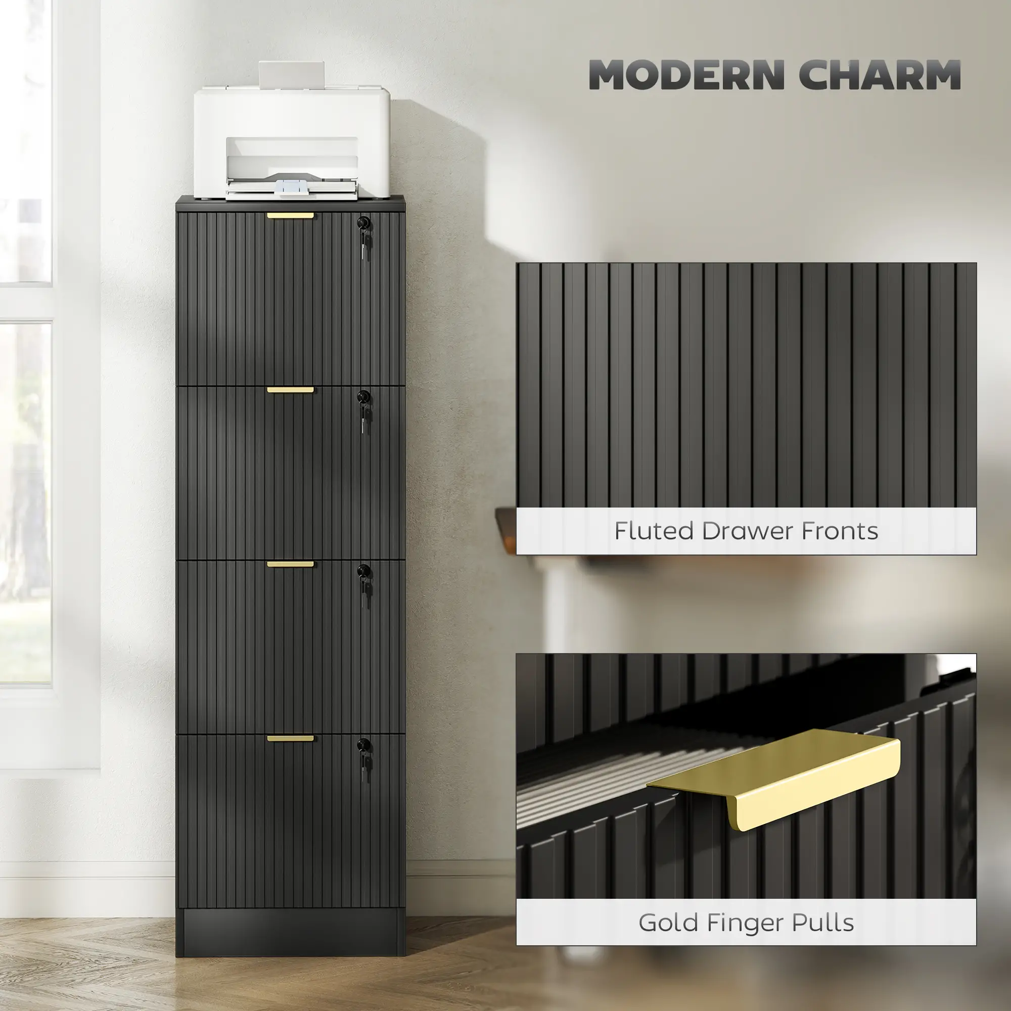 Lockable 4 Drawer Filing Cabinet, Adjustable Hanging Rails, Black - Image 9