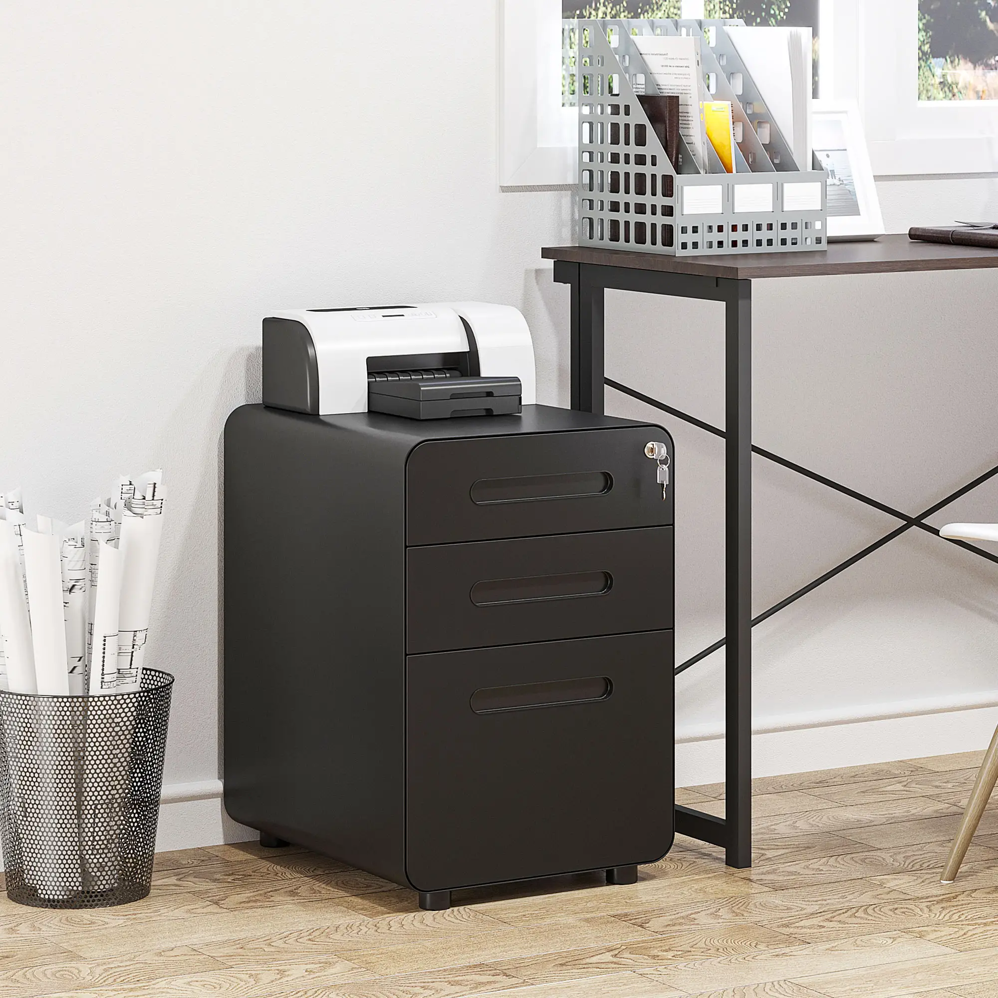 Lockable File Cabinet, Steel Filing Cabinet on Wheels for Legal, A4, Letter Size, Home Office - Image 2