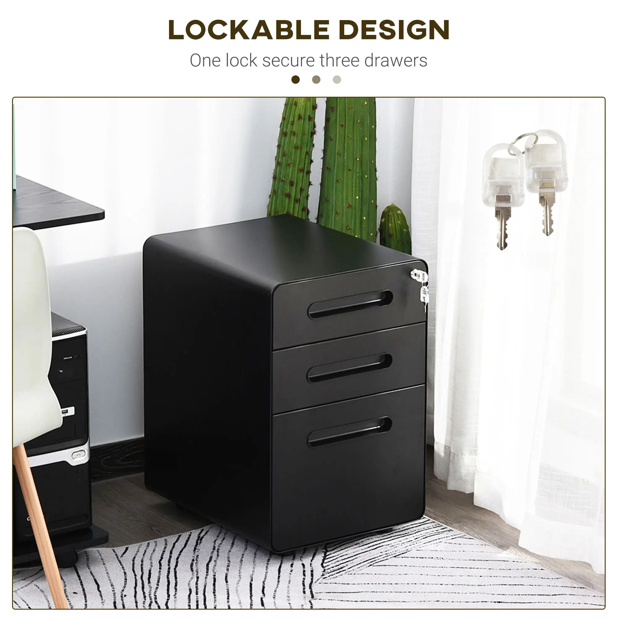 Lockable File Cabinet, Steel Filing Cabinet on Wheels for Legal, A4, Letter Size, Home Office - Image 4