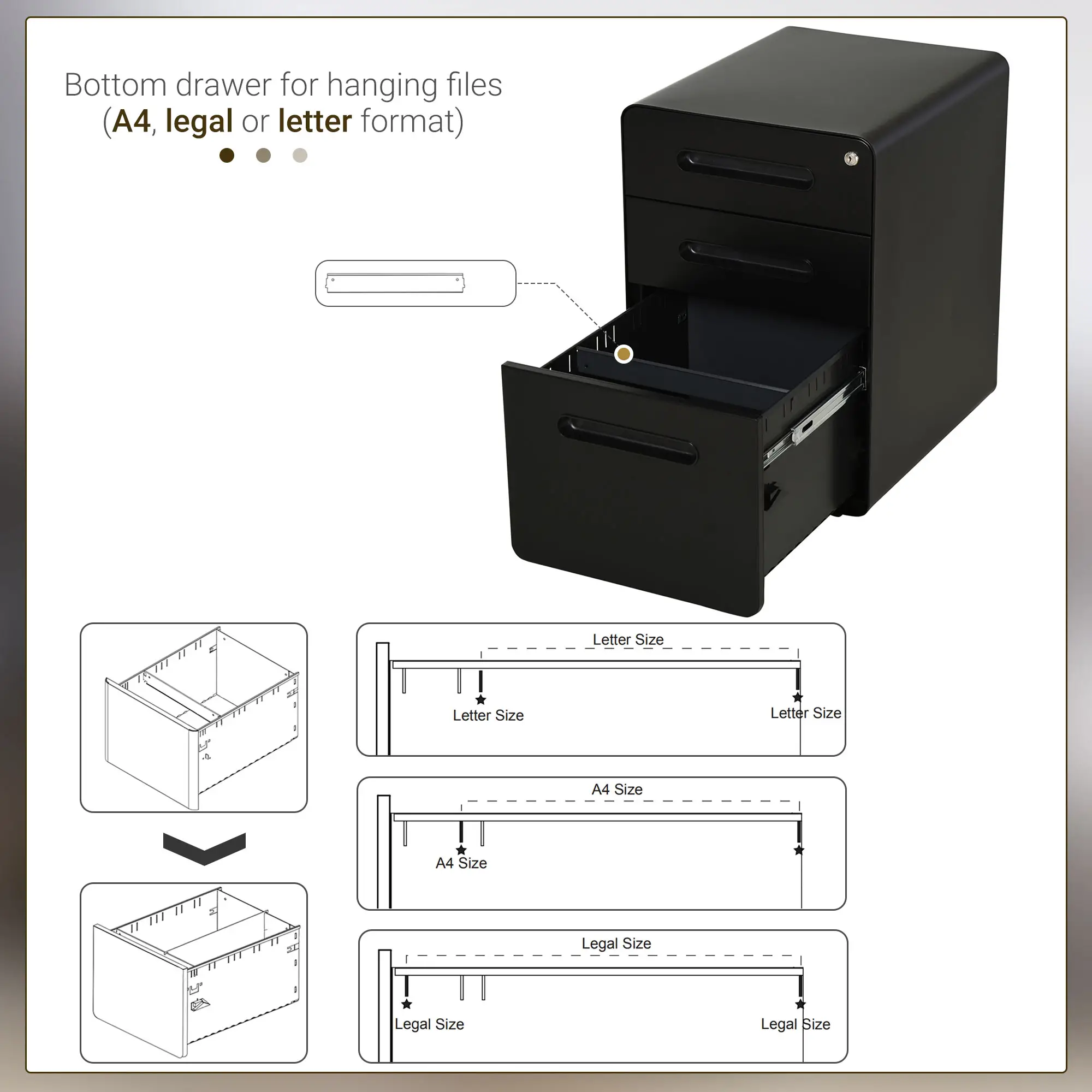 Lockable File Cabinet, Steel Filing Cabinet on Wheels for Legal, A4, Letter Size, Home Office - Image 6