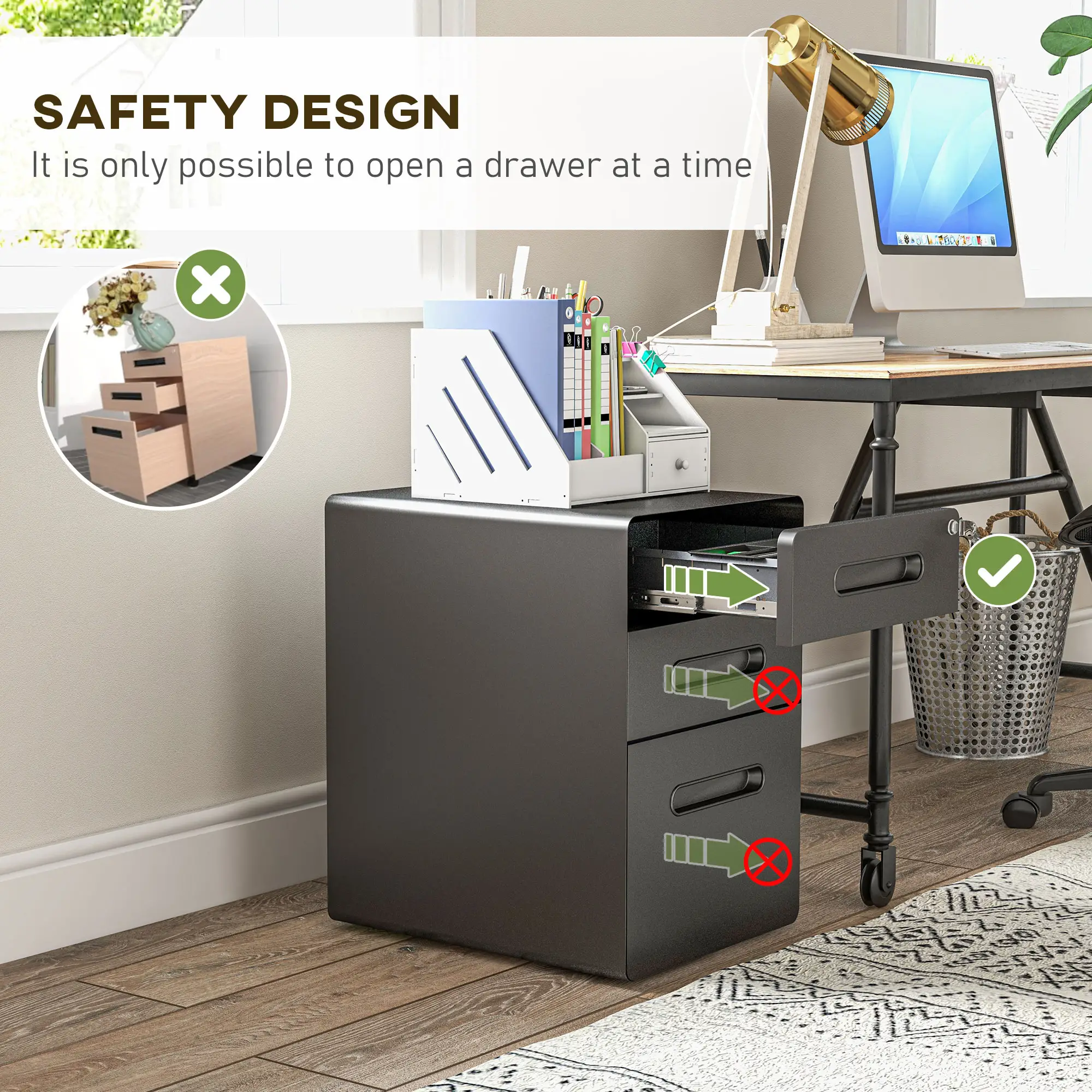 Lockable File Cabinet, Steel Filing Cabinet on Wheels for Legal, A4, Letter Size, Home Office - Image 9