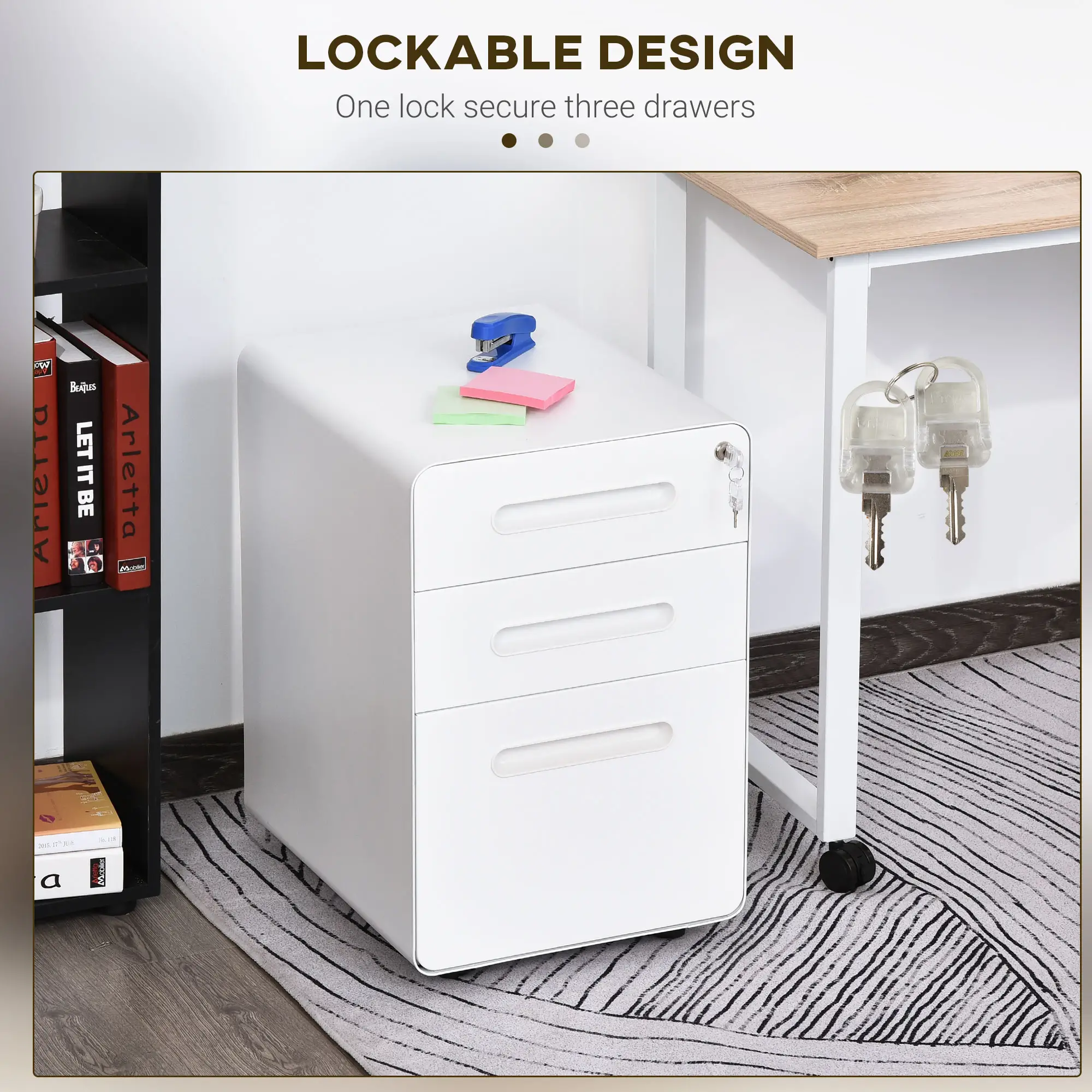 Lockable File Cabinet, Steel Filing Cabinet on Wheels for Legal, A4, Letter Size, Home Office - Image 4