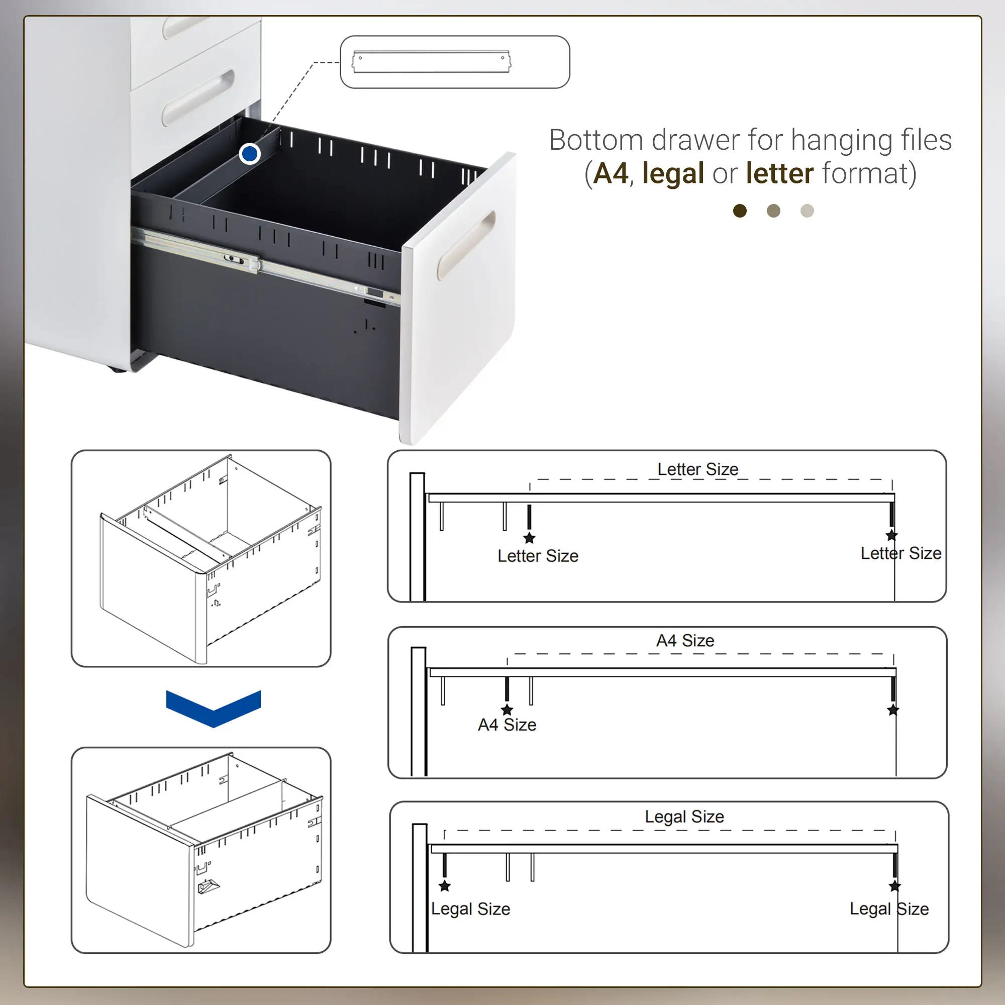 Lockable File Cabinet, Steel Filing Cabinet on Wheels for Legal, A4, Letter Size, Home Office - Image 6