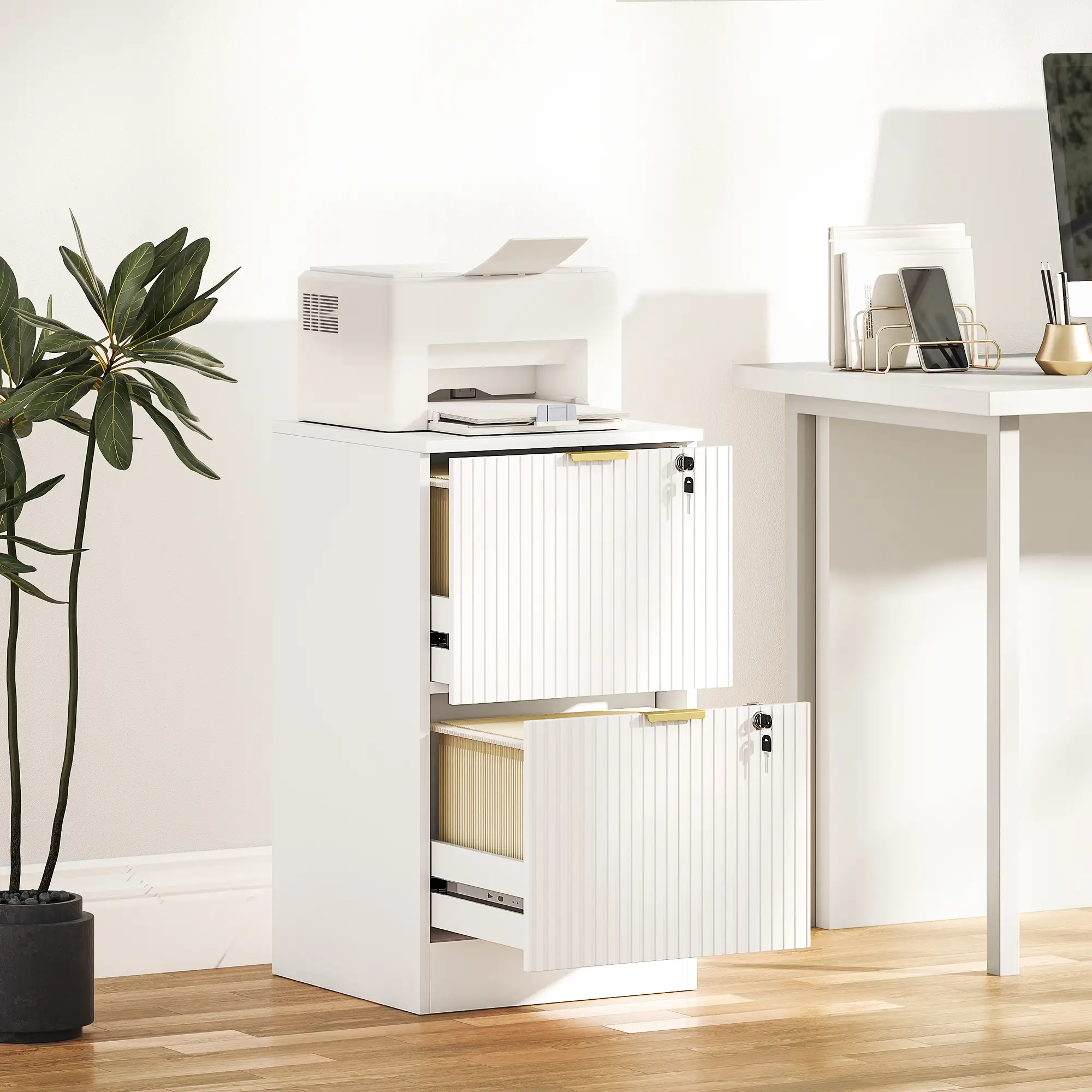 Lockable Filing Cabinet, 2 Fluted Drawers, Adjustable Hanging Rails, White - Image 10