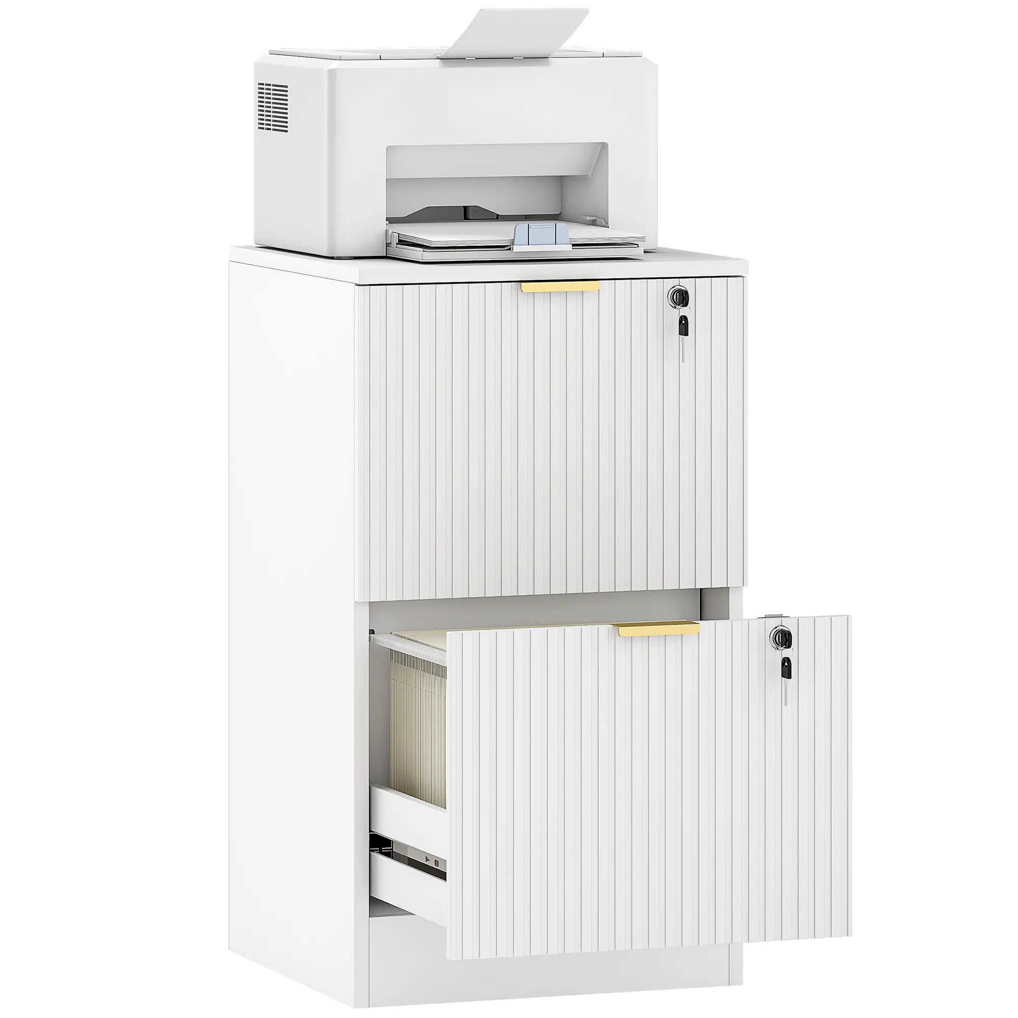 Lockable Filing Cabinet, 2 Fluted Drawers, Adjustable Hanging Rails, White - Image 11