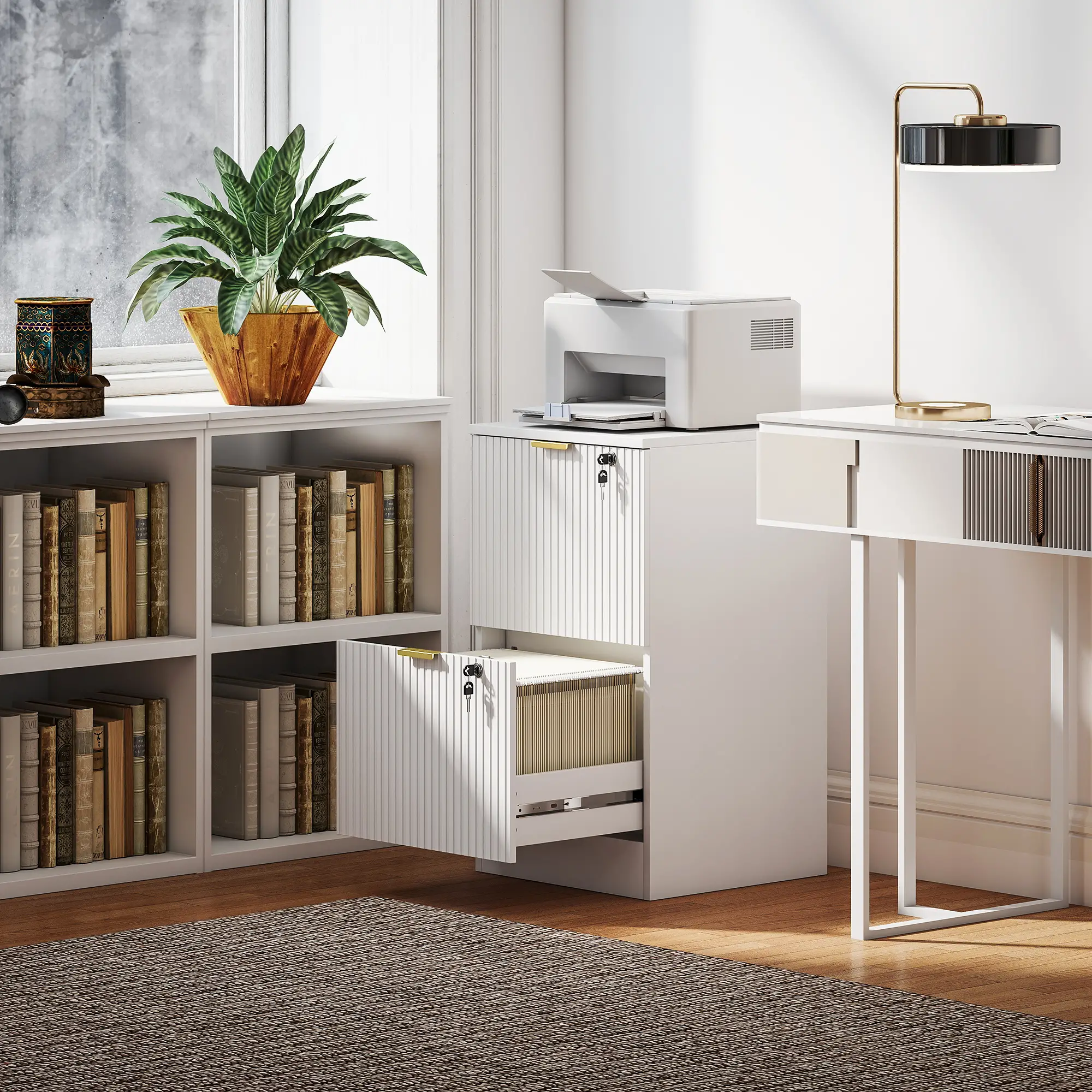 Lockable Filing Cabinet, 2 Fluted Drawers, Adjustable Hanging Rails, White - Image 2