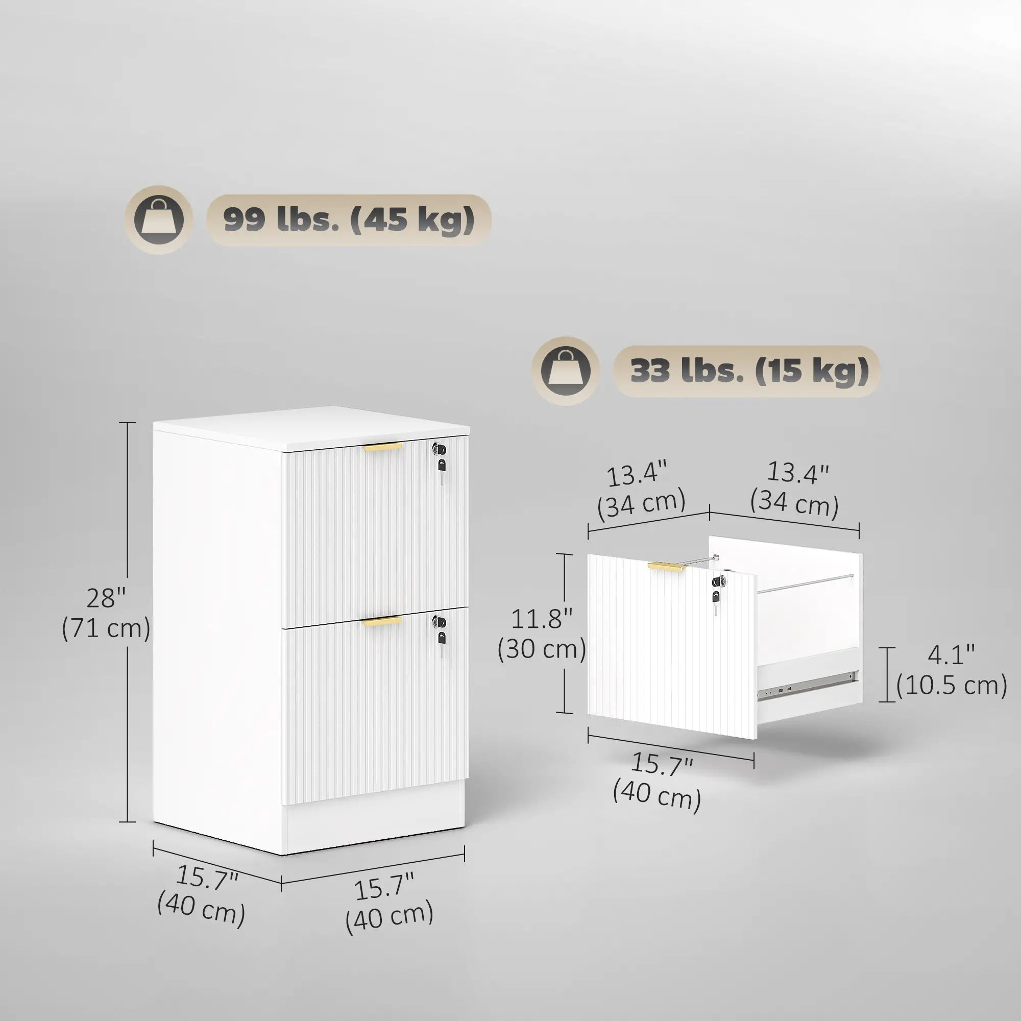 Lockable Filing Cabinet, 2 Fluted Drawers, Adjustable Hanging Rails, White - Image 3