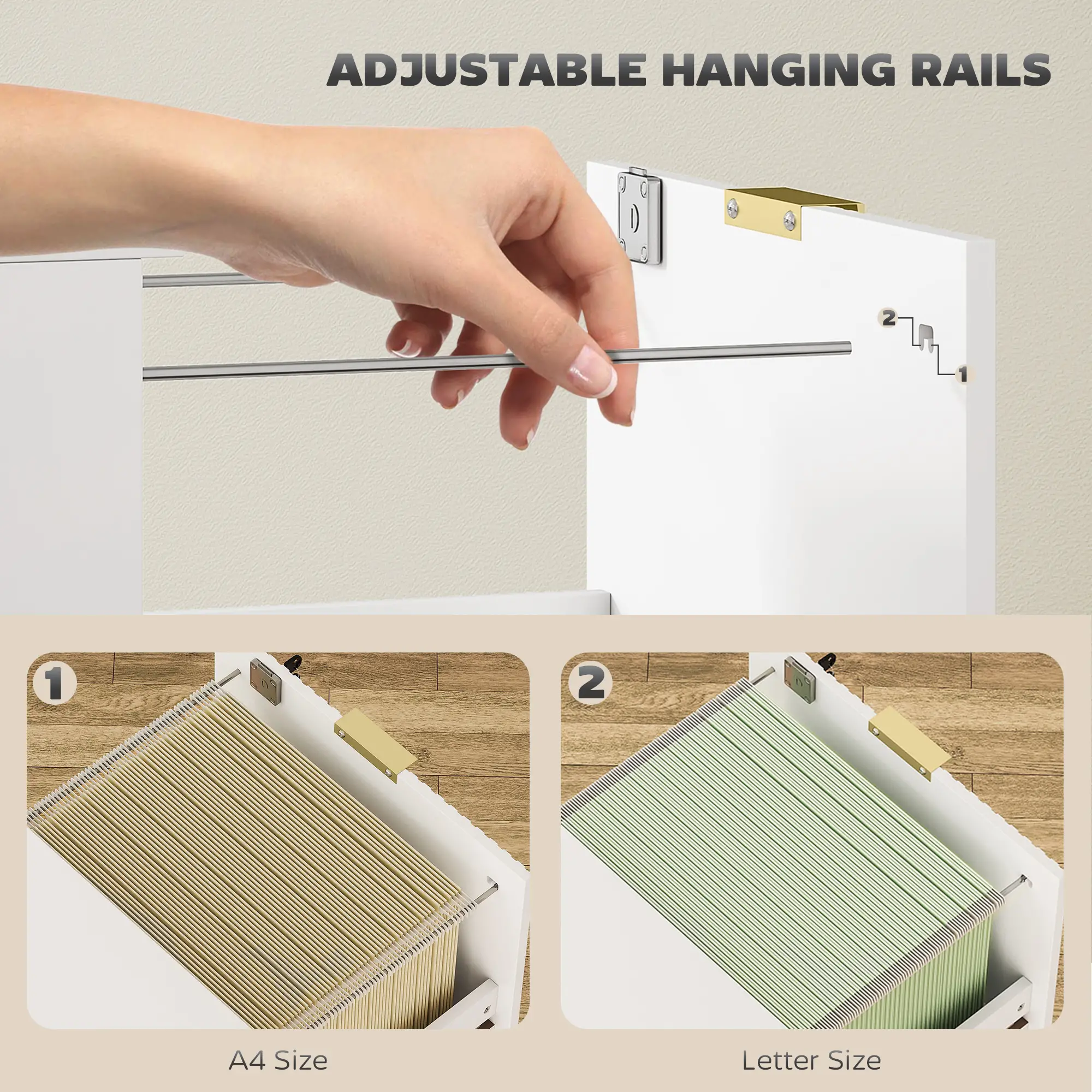 Lockable Filing Cabinet, 2 Fluted Drawers, Adjustable Hanging Rails, White - Image 4