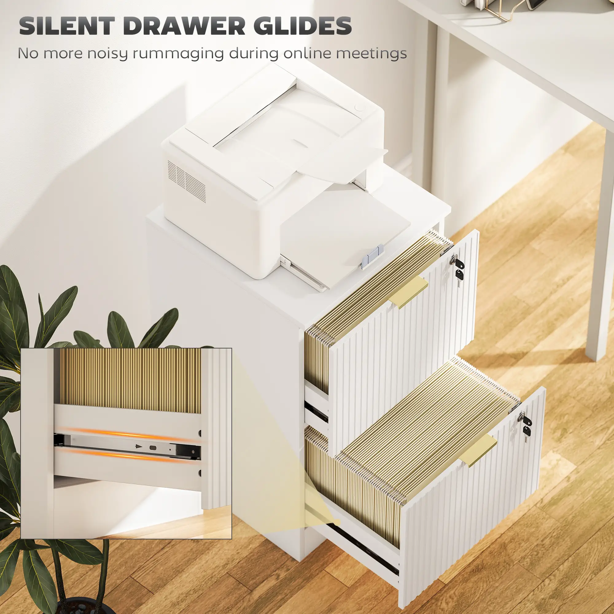 Lockable Filing Cabinet, 2 Fluted Drawers, Adjustable Hanging Rails, White - Image 5