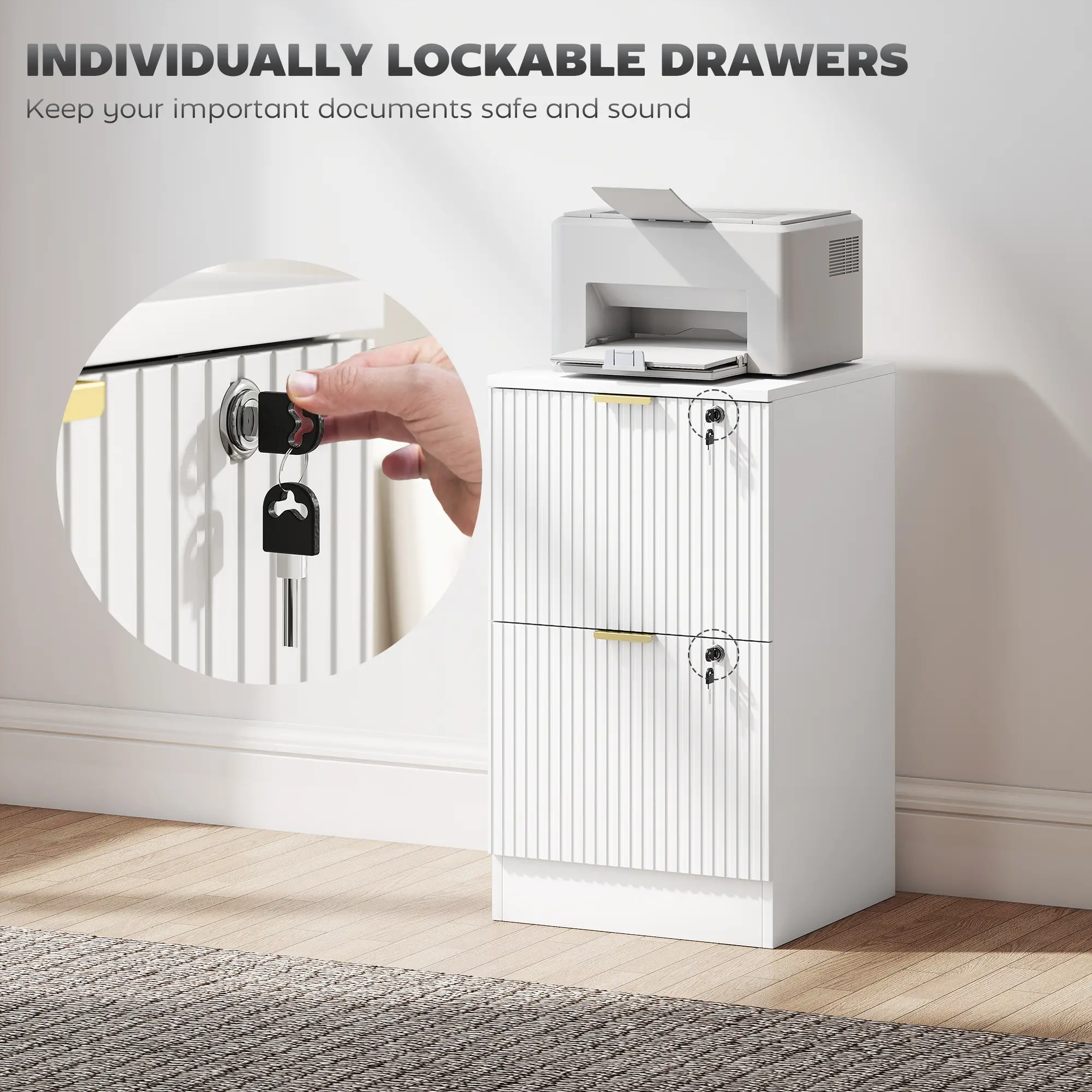 Lockable Filing Cabinet, 2 Fluted Drawers, Adjustable Hanging Rails, White - Image 6