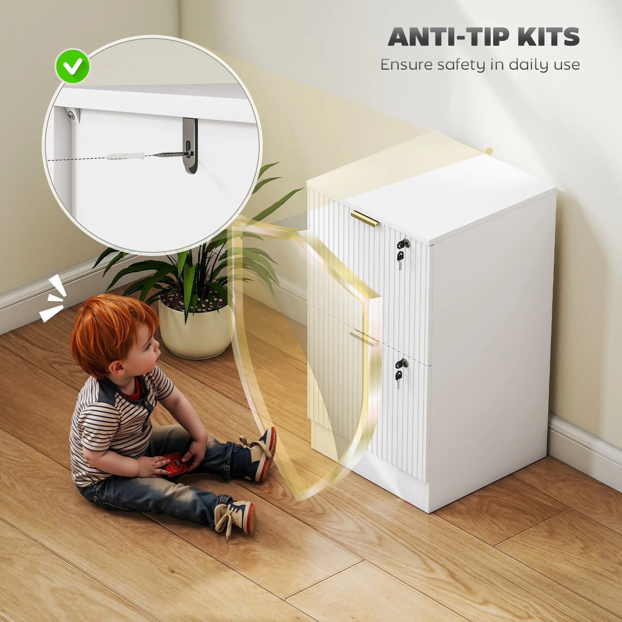 Lockable Filing Cabinet, 2 Fluted Drawers, Adjustable Hanging Rails, White - Image 7