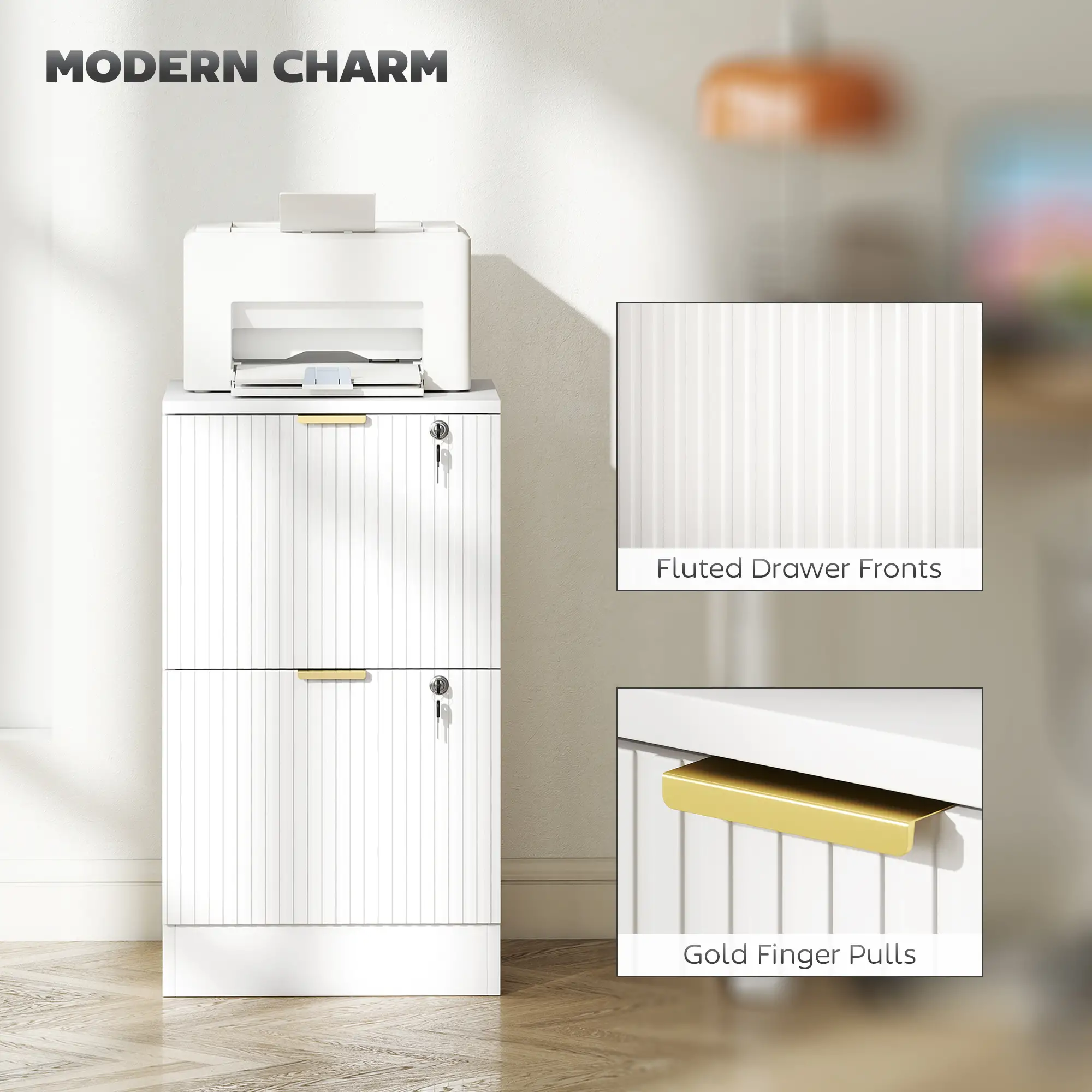 Lockable Filing Cabinet, 2 Fluted Drawers, Adjustable Hanging Rails, White - Image 8