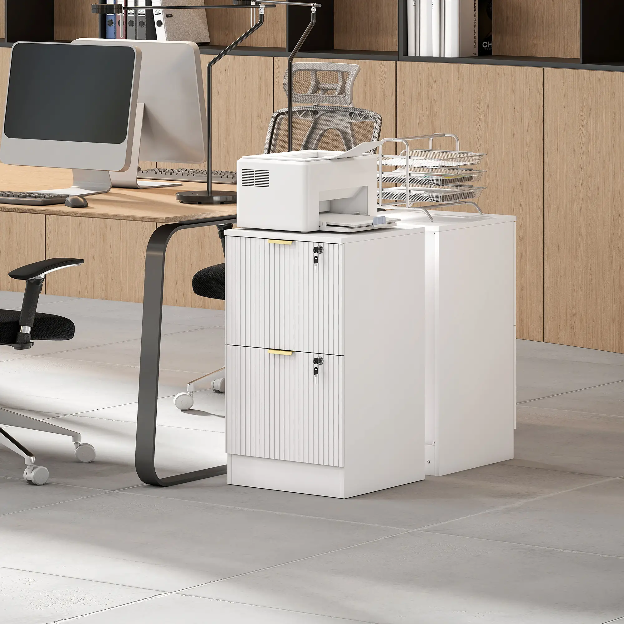 Lockable Filing Cabinet, 2 Fluted Drawers, Adjustable Hanging Rails, White - Image 9