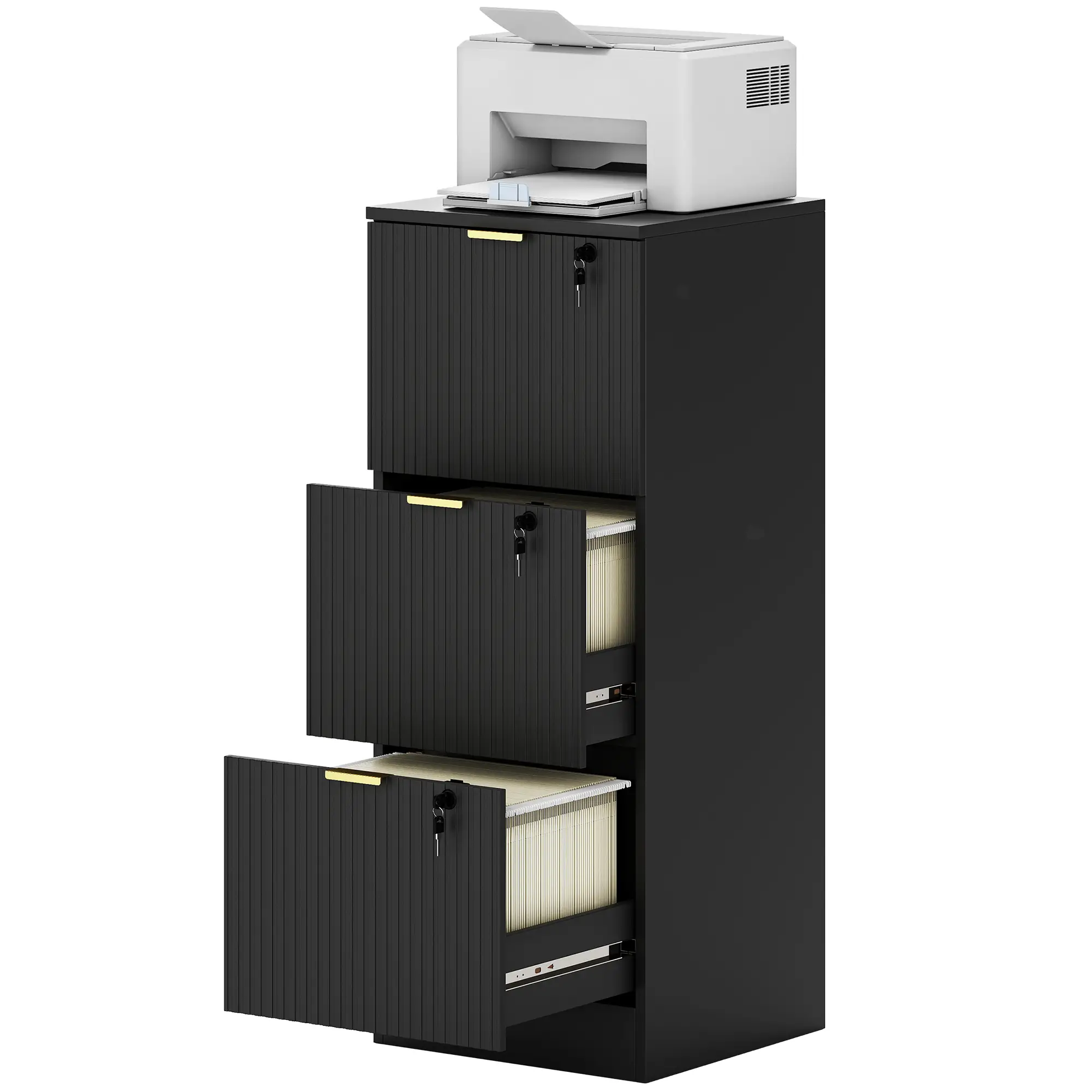 Lockable Filing Cabinet, 3 Fluted Drawers, Adjustable Hanging Rails, Black