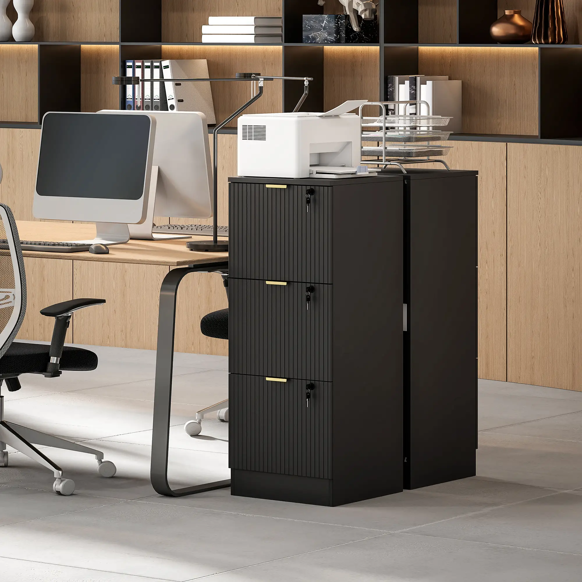 Lockable Filing Cabinet, 3 Fluted Drawers, Adjustable Hanging Rails, Black - Image 10